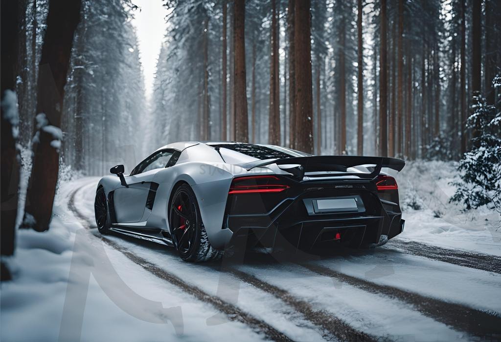 겨울 숲속 슈퍼카 | 겨울풍경, 겨울숲, 숲속, 눈길, 슈퍼카, 숲속길, winter, ai, free, 무료 | 스탠바이 STANDBUY 디지털 콘텐츠