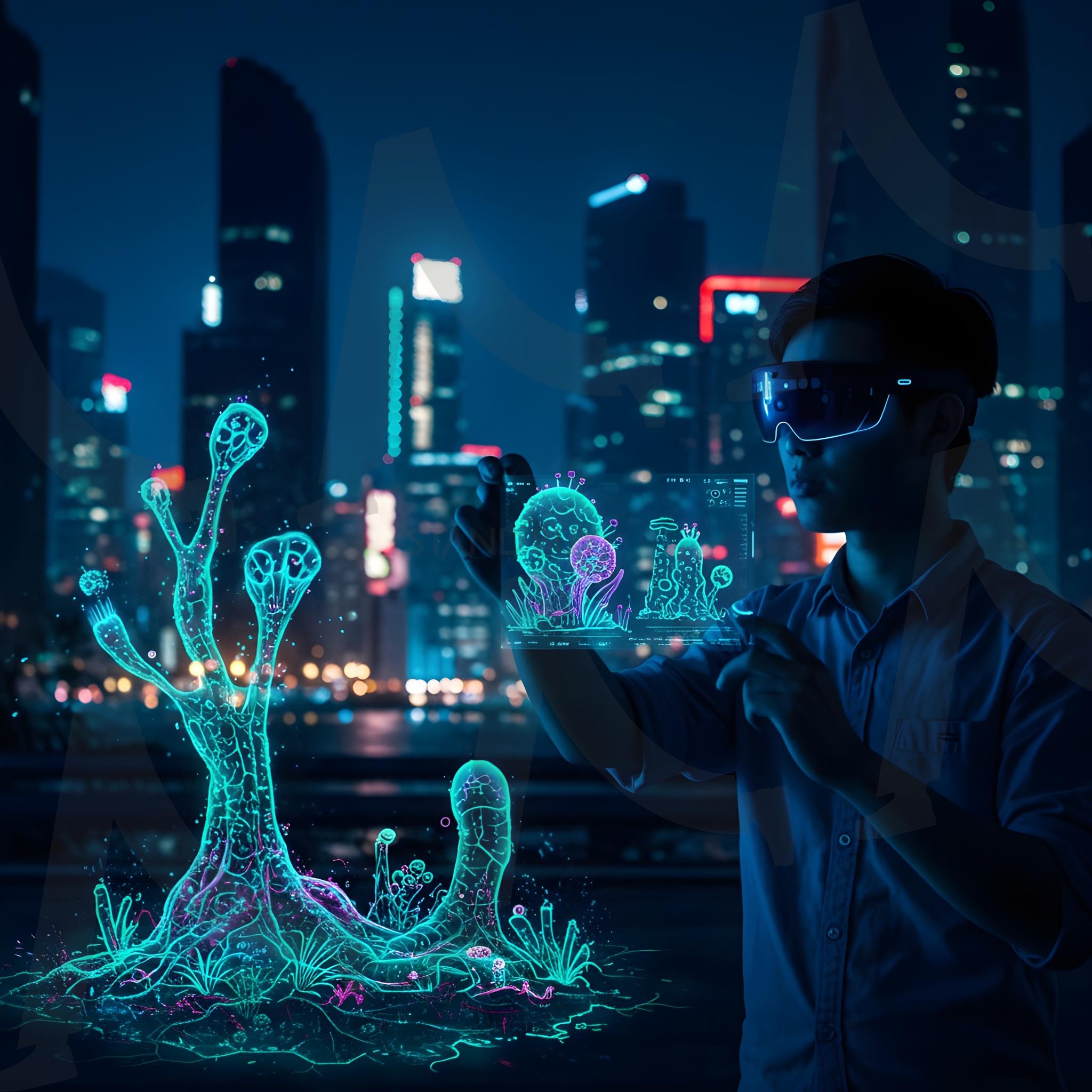 증강 현실 건축가는 밤에 AR 안경을 사용하여 미래 도시 경관에서 빛나는 구조물을 설계합니다. | Technology, business, internet, computer, night, people, businessman, concept, science, digital, network, Development, future, communication, connection, city, web, woman, dj, software, laptop, screen, engineering, office, light, ai, 과학, 미래도시 | 스탠바이 STANDBUY 디지털 콘텐츠