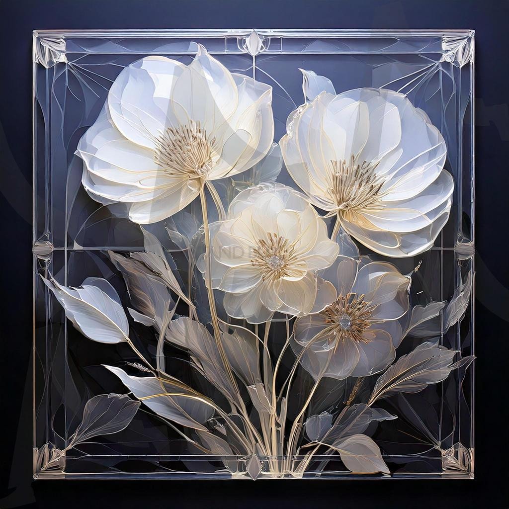 투명한 꽃의 아름다움 – 섬세한 조형미 | ai, 투명, 꽃, 아름다움, 예술작품, 현대미술, 디자인, 남색, 흰색, 기하학, 자연, 아트, 섬세함, 생명력, 글라스, 글라스아트, 고풍적, 감성, 조화 | 스탠바이 STANDBUY 디지털 콘텐츠