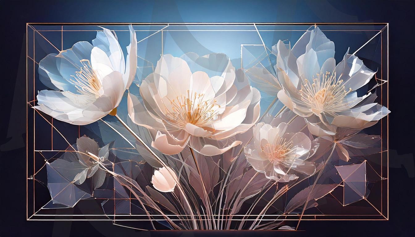 투명한 꽃의 세계 – 섬세한 조형미 | 투명, 꽃, 아름다움, 예술작품, 현대미술, 디자인, 기하학, 자연, 자연의영감, 영감, 섬세함, 아트, 생명, 조화, 감성, 그라데이션, 남색, 화이트, 비늘, 유리, 유리꽃, 투명꽃, ai | 스탠바이 STANDBUY 디지털 콘텐츠
