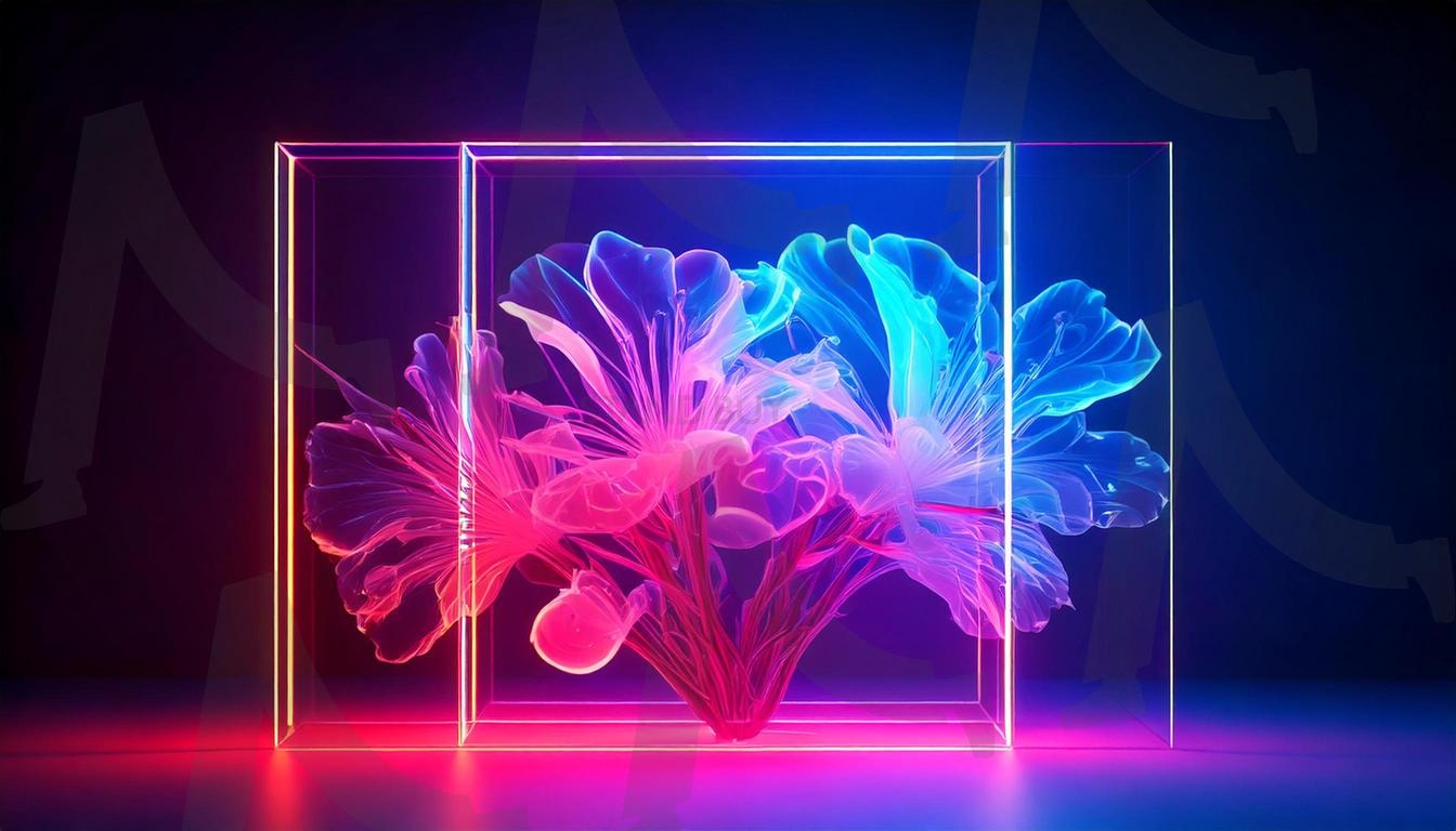 환상적인 꽃의 조화 – 시각적 즐거움 | 강렬할, 생명, 꽃, 시각적, 매력, 색상, 아름다움, 자연, 예술작품, 네온, 네온아트, 네온사인, 형광, 감성, 파란색, 핑크색, 모던아트, 화려함, 화려한, 배경화면, ai | 스탠바이 STANDBUY 디지털 콘텐츠