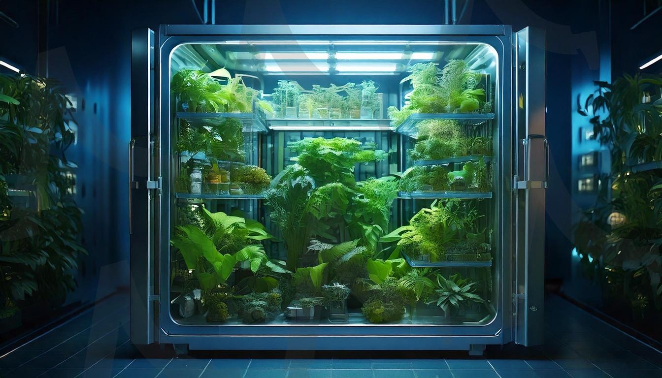 식물로 가득한 냉장고 | 냉장고, 식물, 실험실, 아포칼립스, 나무, 디자인, 예술, 예술작품, 조화, 아트, 현대미술, 감성, 모던아트, 신선함, 어둠, 어두운, 비밀, 몽환, 판타지, 배경화면, ai | 스탠바이 STANDBUY 디지털 콘텐츠