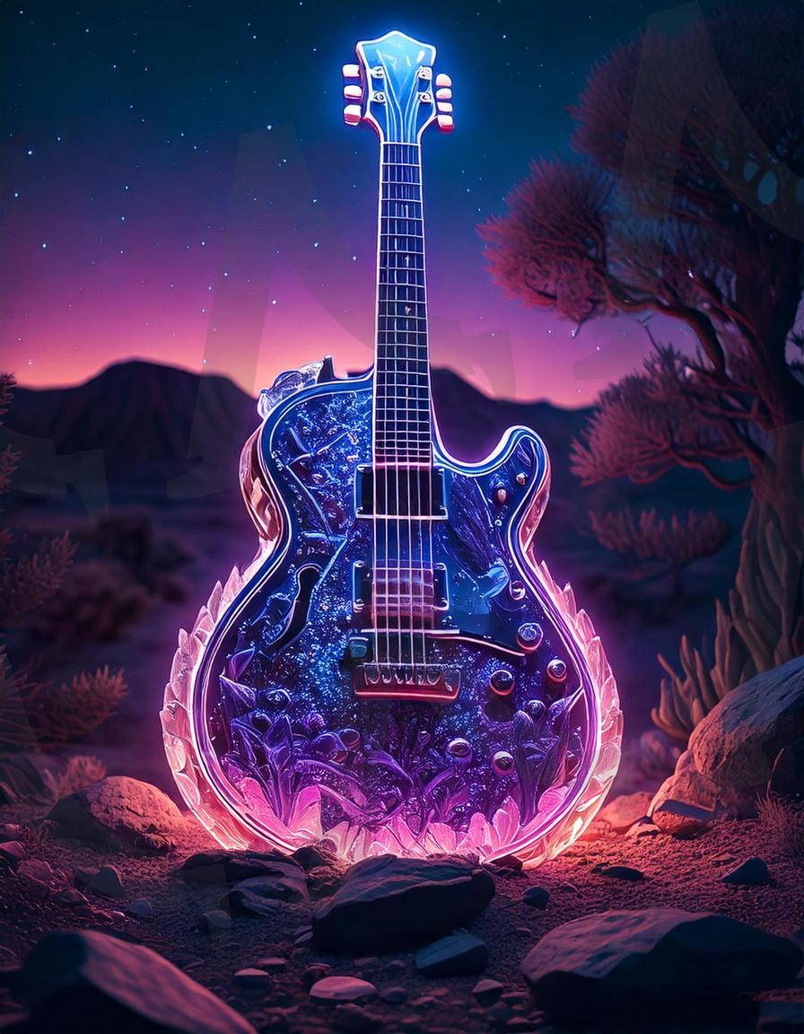 별빛 아래의 기타 | 기타, 밤하늘, 아름다움, 몽환적, 몽환, 환상, 환상적, 판타지, 예술작품, 디자인, 마법, 생동감, 음악, 뮤직, Music, 신비로움, 감성, 모던아트, 크리스탈, 일렉기타, 파란색, 보라색, 야생, ai | 스탠바이 STANDBUY 디지털 콘텐츠
