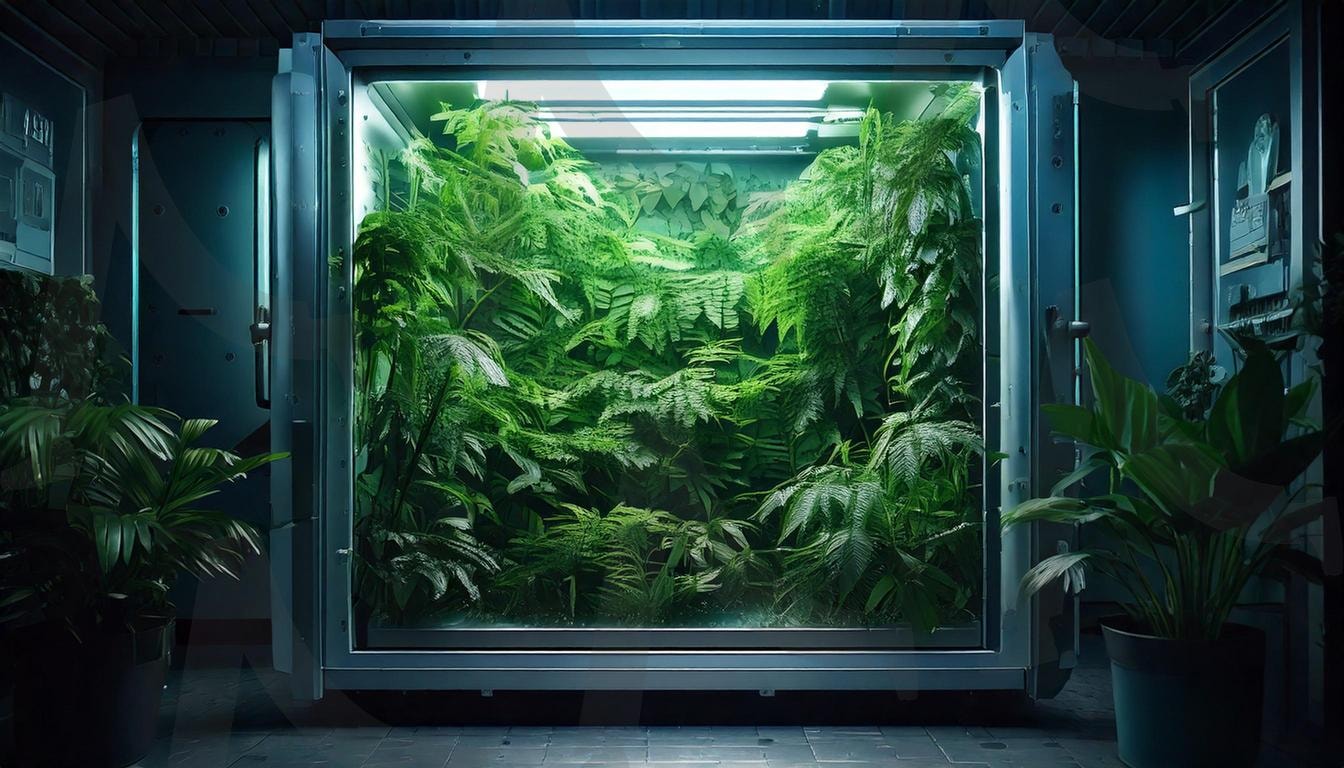 푸른 정원의 공간 | 식물, 자연, 냉장고, 아름다운, 예술작품, 실험, 실험실, 어둠, 어두운, 아포칼립스, 디자인, 생명, 편안함, 아트, 현대미술, 모던아트, 감성, 초록색, 나무, 큰냉장고, 비밀, 판타지, 몽환, 몽환적, 영화, 시네마, 시네마틱, ai | 스탠바이 STANDBUY 디지털 콘텐츠