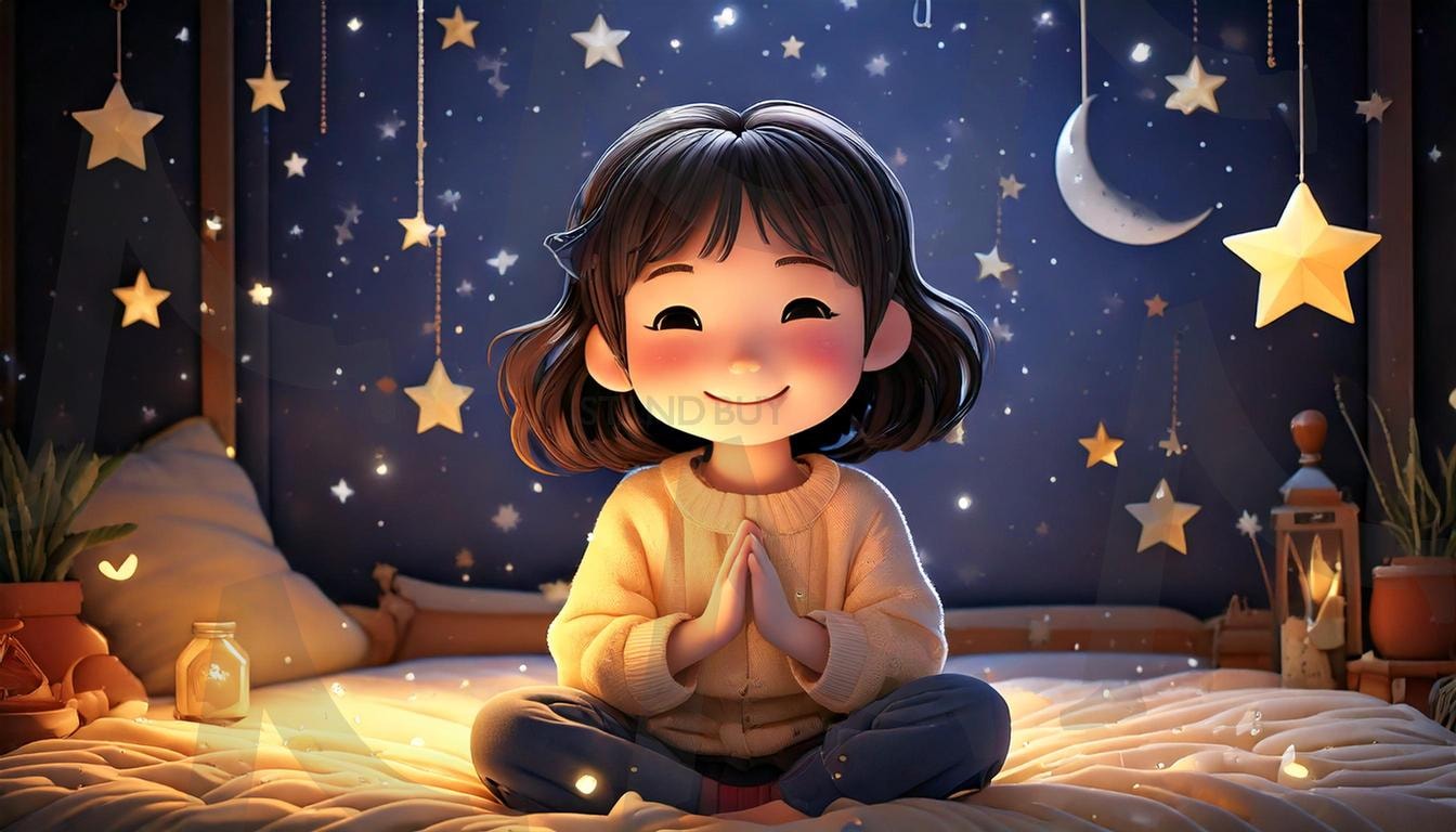 별빛의 안식처 | 별빛, 우주, 밤하늘, 별, 꿈, 달, 희망, 아늑함, 명상, 아트, 감성, 모던아트, 편안함, 편안한, 귀여운, 캐릭터, 소녀, 기도, 사색, 침대, 방, 인테리어, 배경화면, 초승달, 단발머리, 단발, 아기, ai | 스탠바이 STANDBUY 디지털 콘텐츠