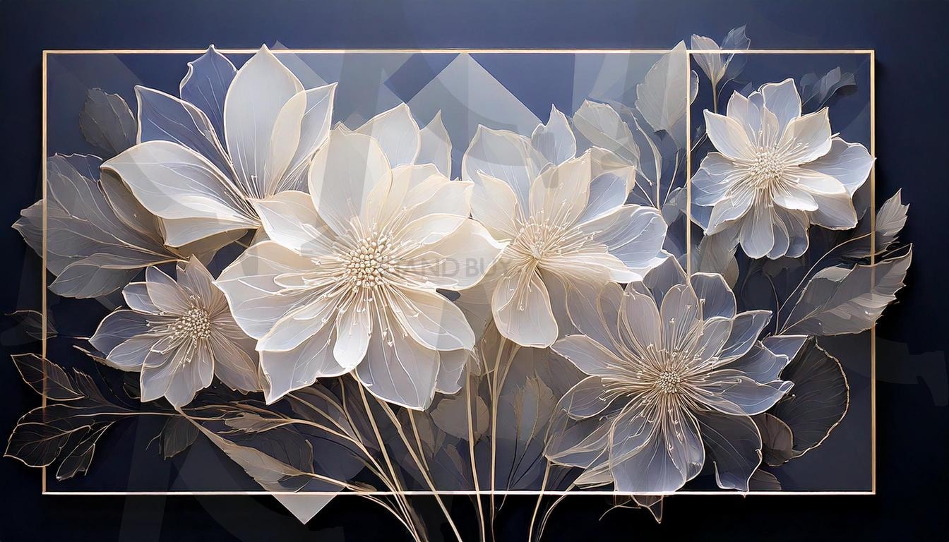 수채화 같은 우아함 – 꽃의 향연 | 수채화, 꽃, 아름다움, 감정, 예술작품, 부드러운색감, 자연, 아트, 긍정적에너지, 조화, 글라스아트, 전시, 우아함, 흰색, 흰색꽃, 남색, 화이트, 자연의미학, 미학, ai | 스탠바이 STANDBUY 디지털 콘텐츠