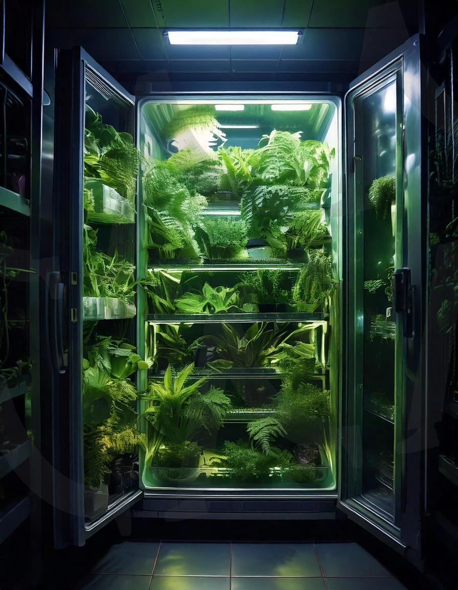 식물의 정원 | 식물, 냉장고, 자연, 아름다움, 예술작품, 디자인, 편안함, 초록색, 실험, 실험실, 판타지, 몽환, 신비로움, 생명, 현대미술, 식물원, 모던아트, 형광등, 어둠, 어두움, 배경화면, 미래, 아포칼립스, 좀비, 치료제, ai | 스탠바이 STANDBUY 디지털 콘텐츠