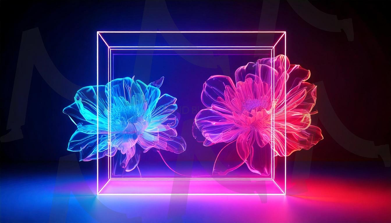 빛나는 정원 – 생동감 있는 표현 | 정원, 꽃, 아름다움, 배경화면, 부드러운, 색감, 예술작품, 자연, 감정, 감성, 아트, 조화, 우아함, 미학, 모던디자인, 핑크색, 파란색, 네온, 네온사인, 네온꽃, 형광등, ai | 스탠바이 STANDBUY 디지털 콘텐츠