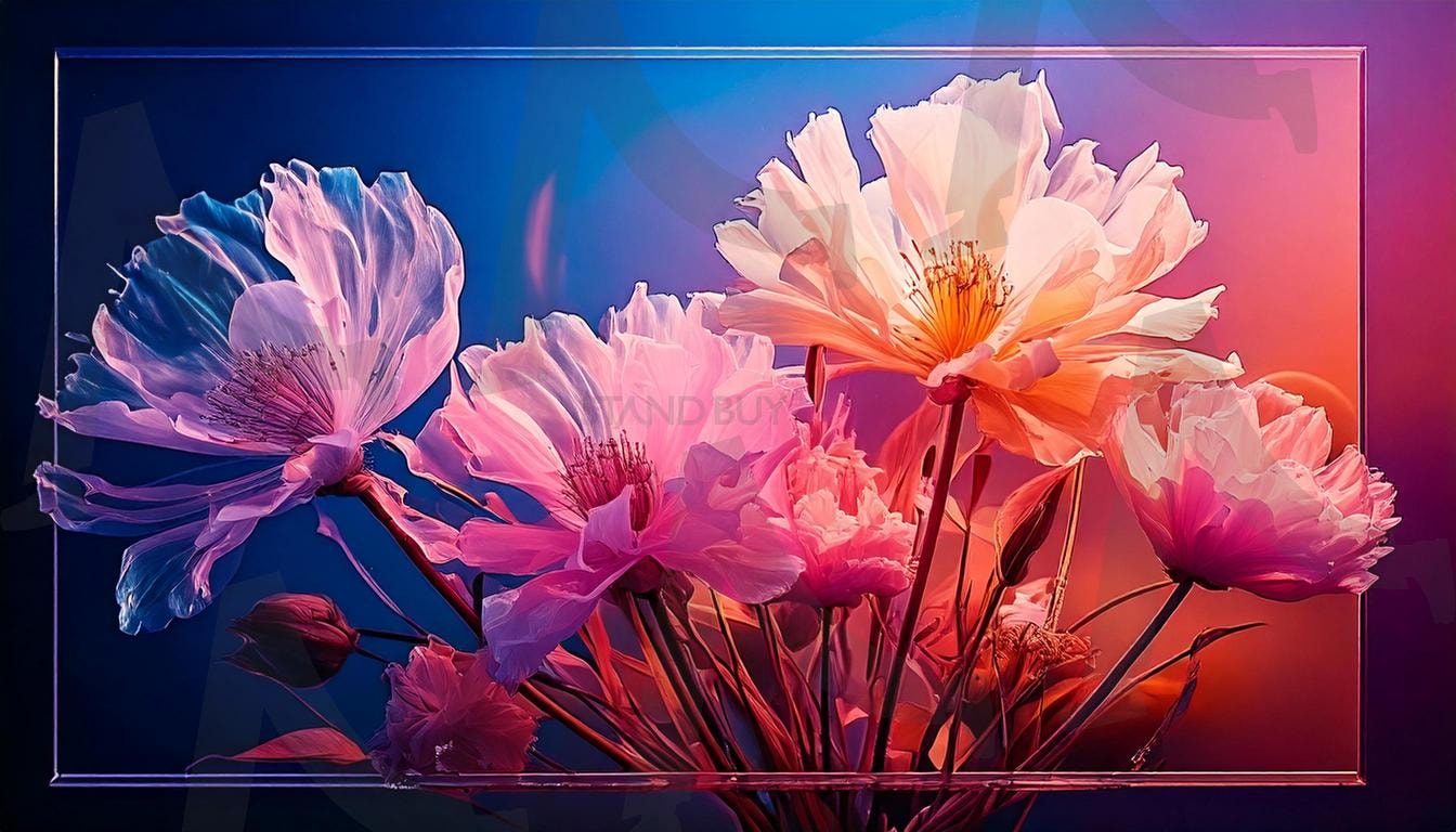 환상의 정원 – 화려한 꽃의 조합 | 빛, 강렬한, 화려한, 색상, 아름다움, 자연, 예술, 예술작품, 조화, 생명, 감성, 시각적, 화려함, 꽃, 주황색, 남색, 보라색, 핑크색, 배경화면, 모던아트, ai | 스탠바이 STANDBUY 디지털 콘텐츠