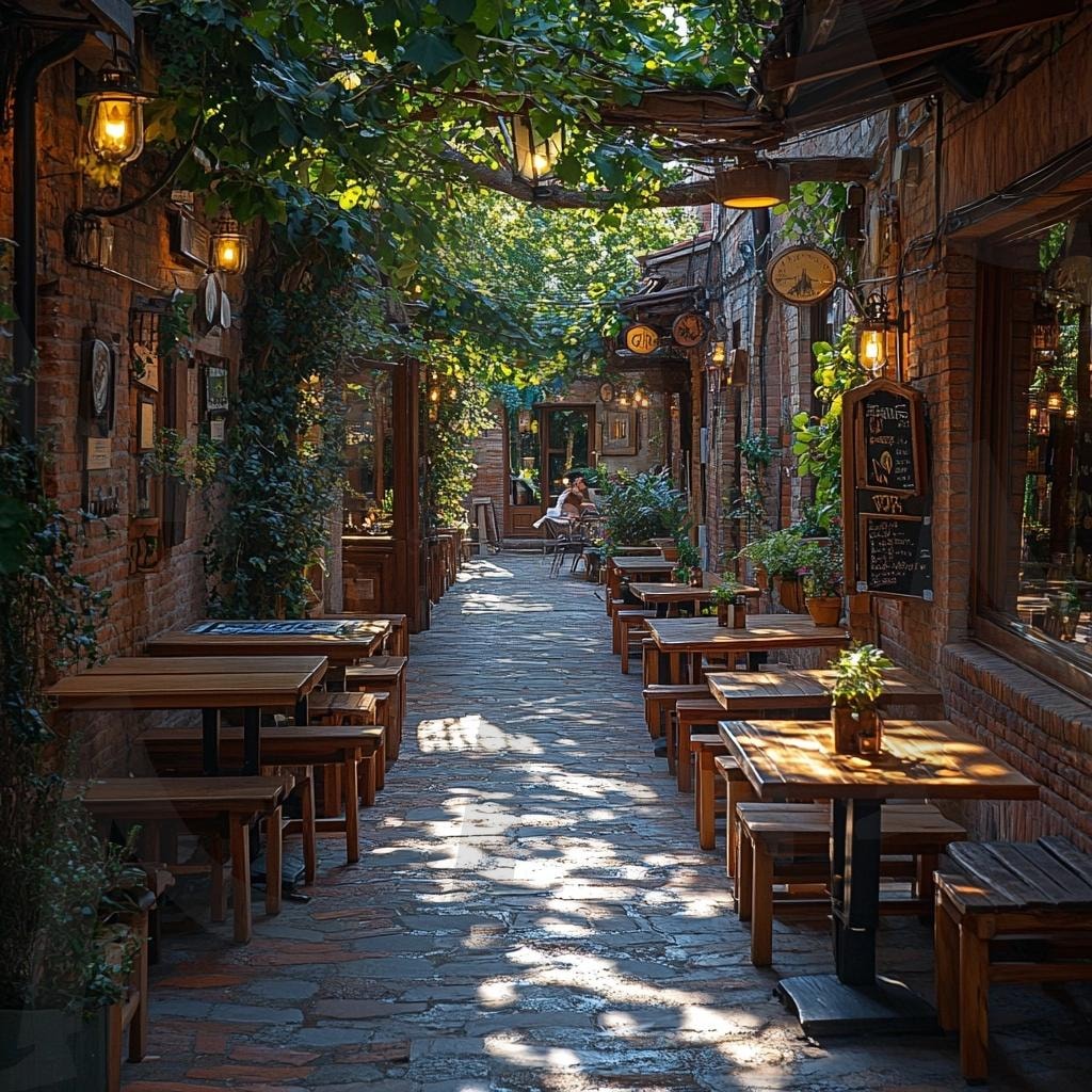 분위기 좋은 카페와 골목길의 모습4 | 풍경, 배경, 카페, 골목길, 길, 분위기, ai | 스탠바이 STANDBUY 디지털 콘텐츠