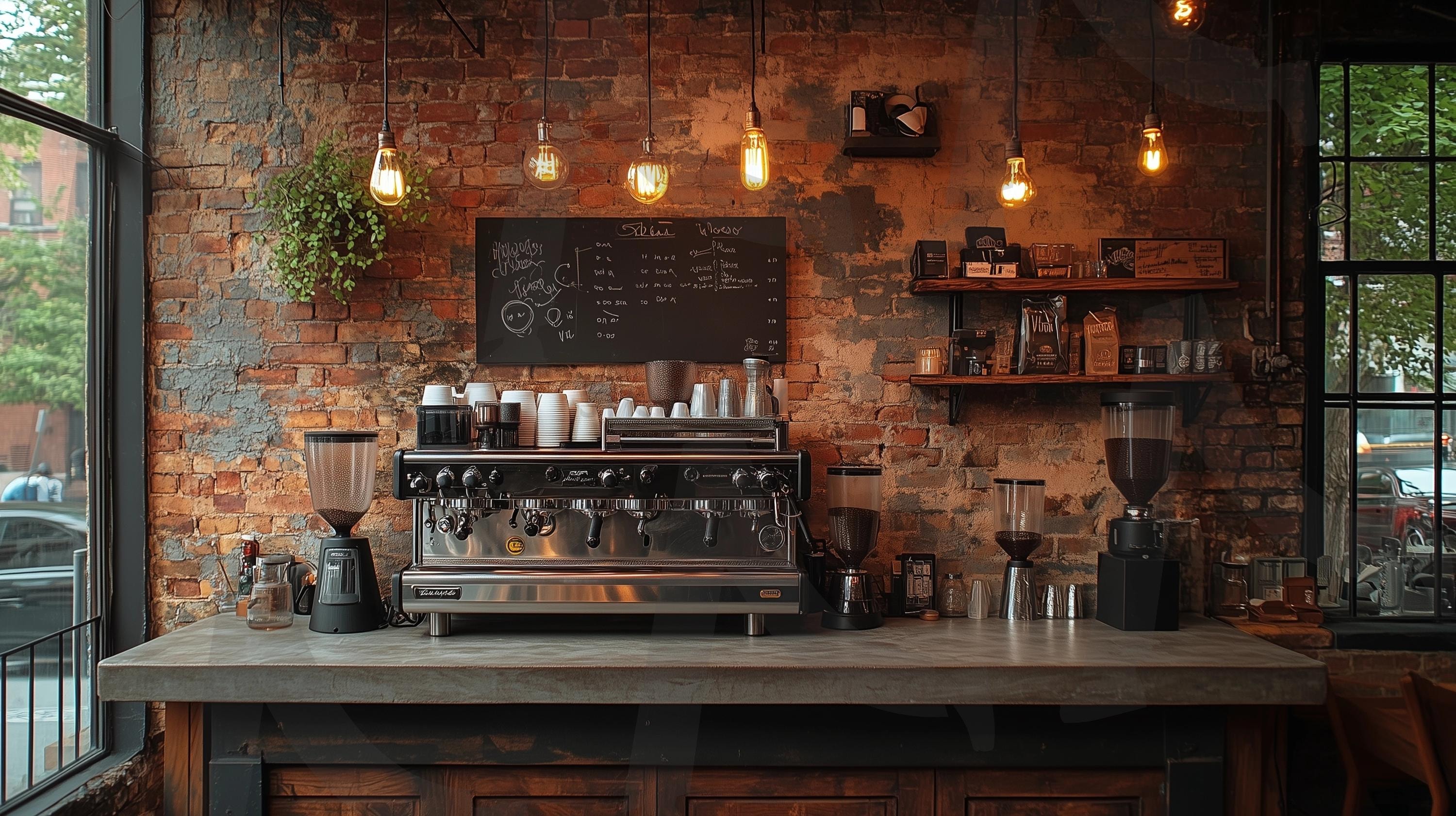 따뜻한 분위기의 카페 내부 모습 | 배경, 풍경, 카페, 따뜻한, 아늑한, 분위기, 커피, 커피머신, 조명, ai | 스탠바이 STANDBUY 디지털 콘텐츠