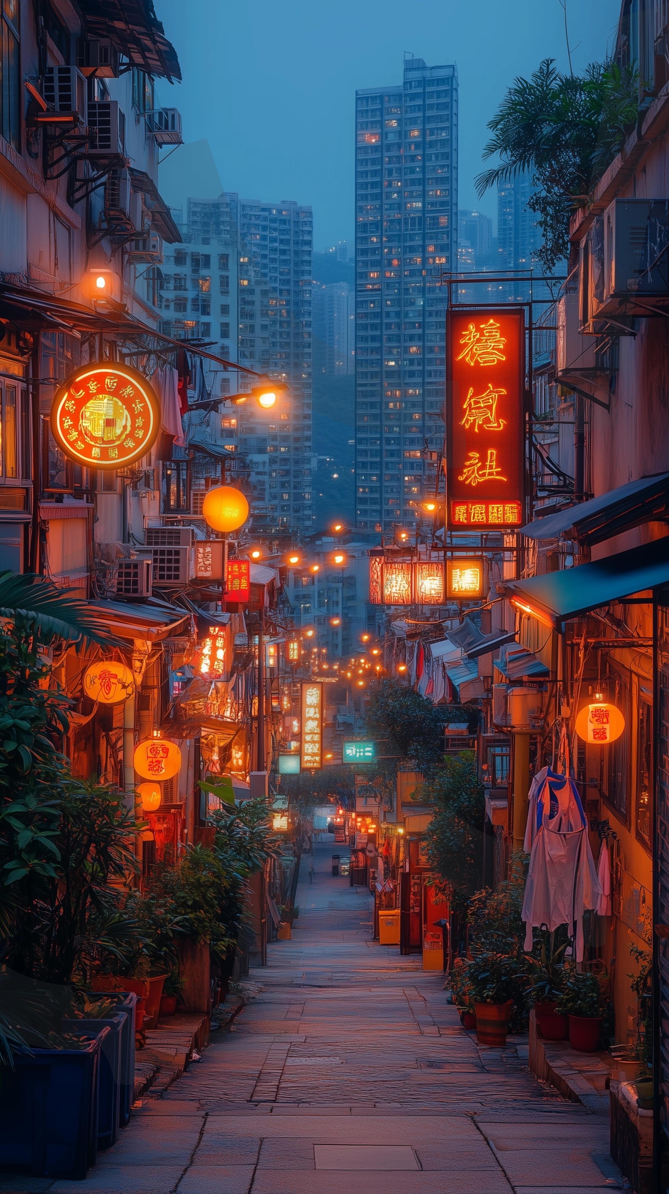 홍콩의 밤 골목길의 모습 | 배경, 환경, 풍경, 배경화면, 홍콩, 밤, 골목길, 번화가, 아늑한 | 스탠바이 STANDBUY 디지털 콘텐츠