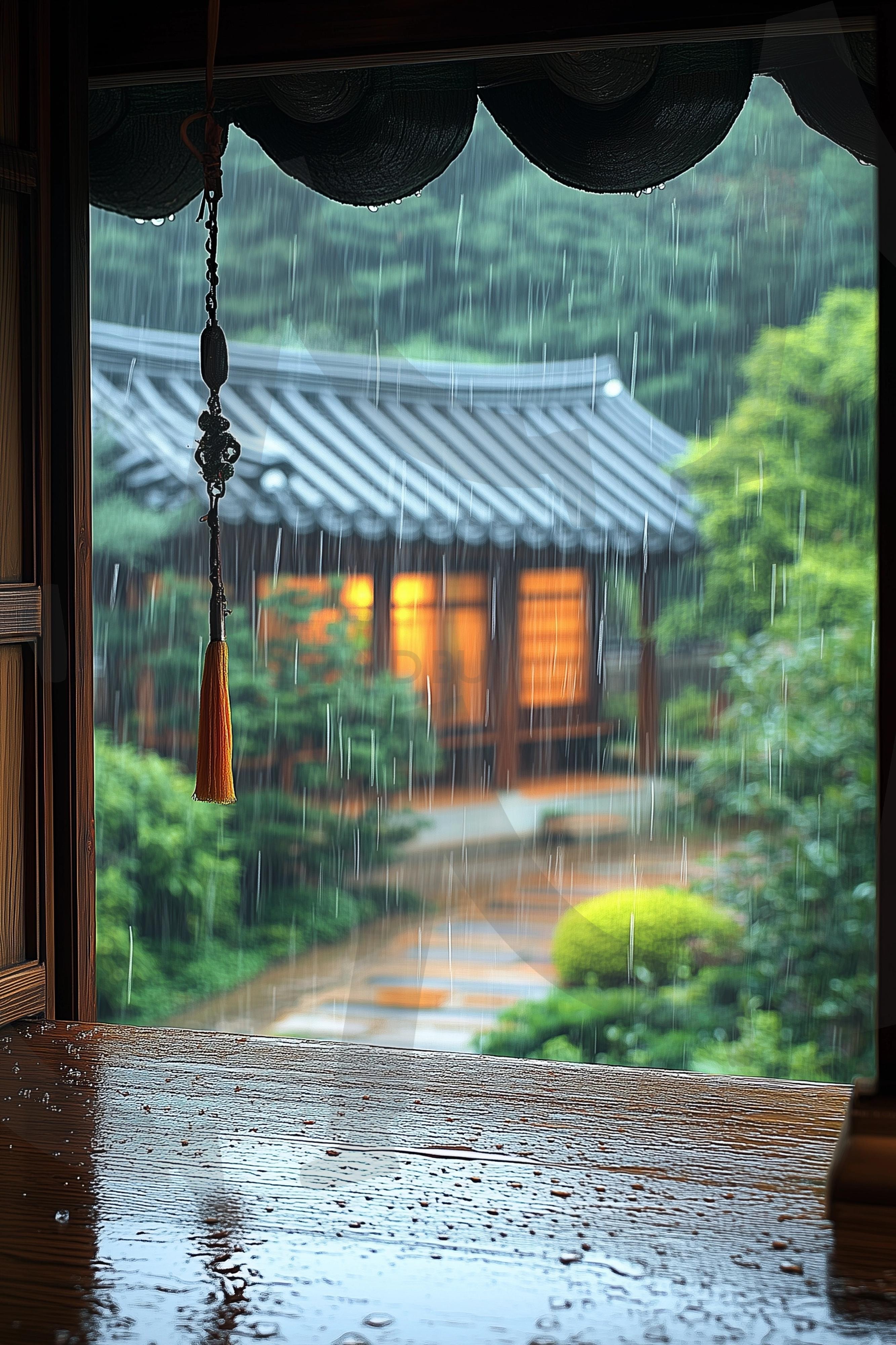 처마 아래에서 바라본 비오는 날의 풍경 | 풍경, 배경, 환경, 한옥, 기와집, 비, 비오는날, 물, 시원한 | 스탠바이 STANDBUY 디지털 콘텐츠