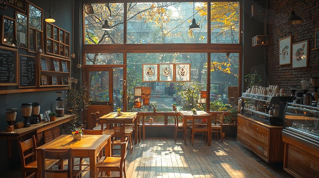 모닝 카페 | cafeinterior, MorningLight, Coffeeshop, MinimalistDesign, CafePhotography, ai | 스탠바이 STANDBUY 디지털 콘텐츠