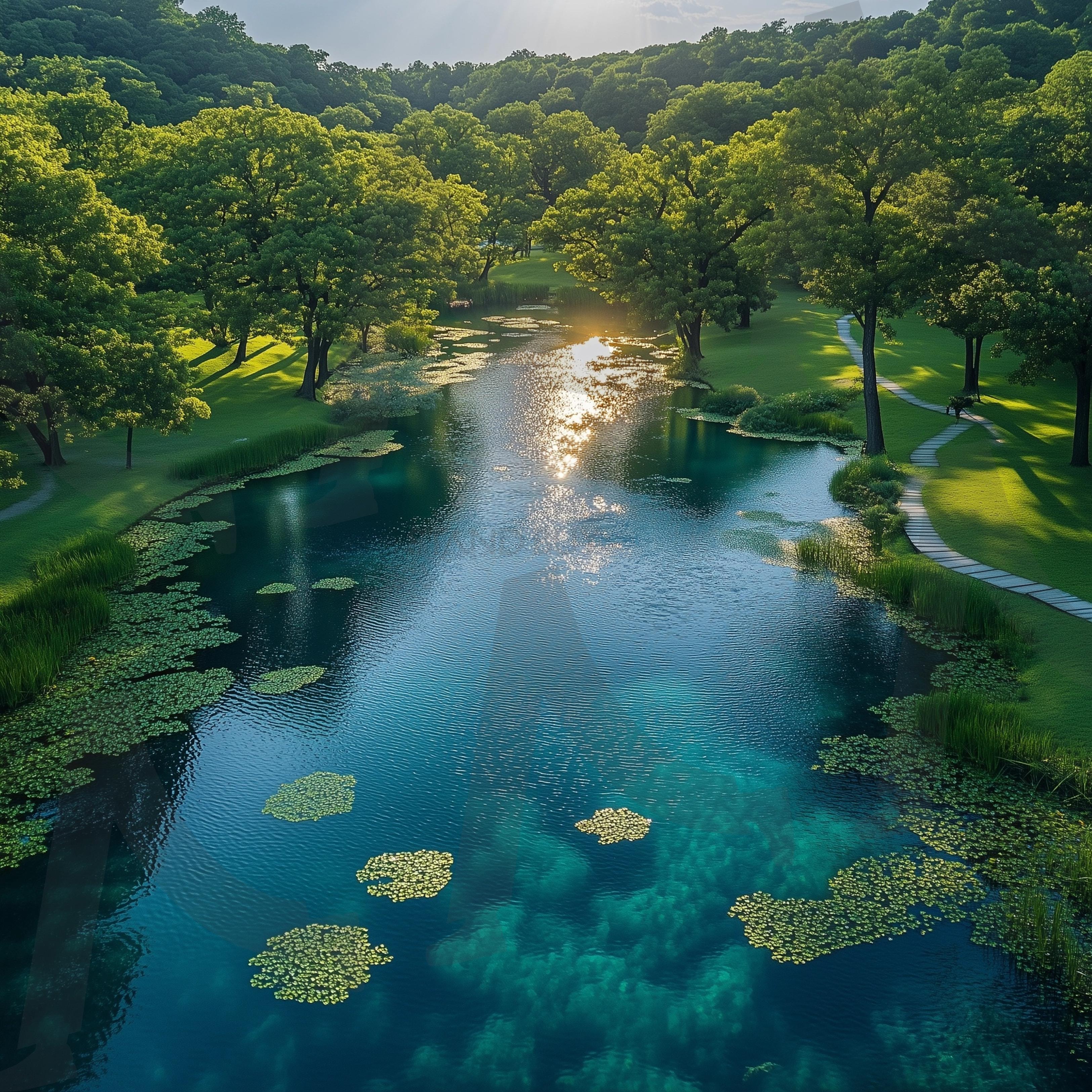 푸른 공원 가운데 있는 호수 | 풍경, 배경, 배경화면, 호수, 공원, 하늘, 나무, 산책로, ai | 스탠바이 STANDBUY 디지털 콘텐츠