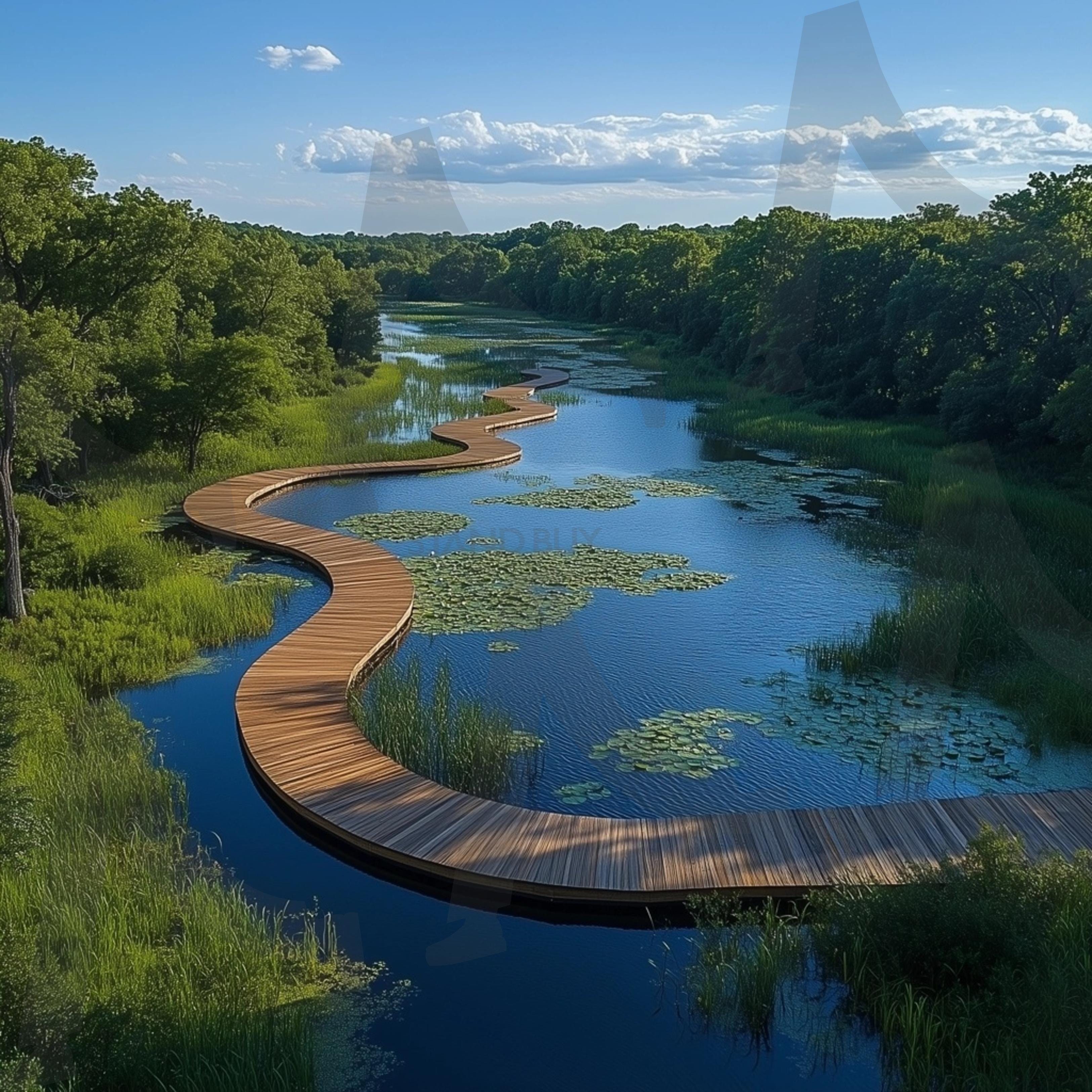 푸른 공원과 호수를 가로 지르는 산책로 | 풍경, 배경, 배경화면, 하늘, 나무, 공원, 산책로, 연못, ai | 스탠바이 STANDBUY 디지털 콘텐츠