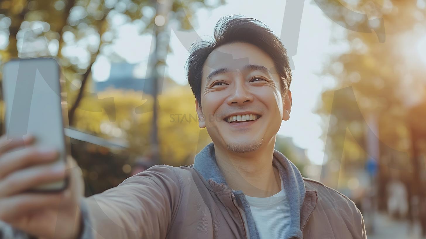야외에서 셀카를 찍는 30대 아시아 남성, 캐주얼한 옷을 입고 편안한 분위기, 솔직한 순간, 자연광, 따뜻한 환경, 사실적인 디테일, 미묘한 그림자, 사진, 일광. | 야외에서 셀카를 찍는 30대 아시아 남성, 캐주얼한 옷을 입고 편안한 분위기, 솔직한 순간, 자연광, 따뜻한 환경, 사실적인 디테일, 미묘한 그림자, 사진, 일광., ai | 스탠바이 STANDBUY 디지털 콘텐츠