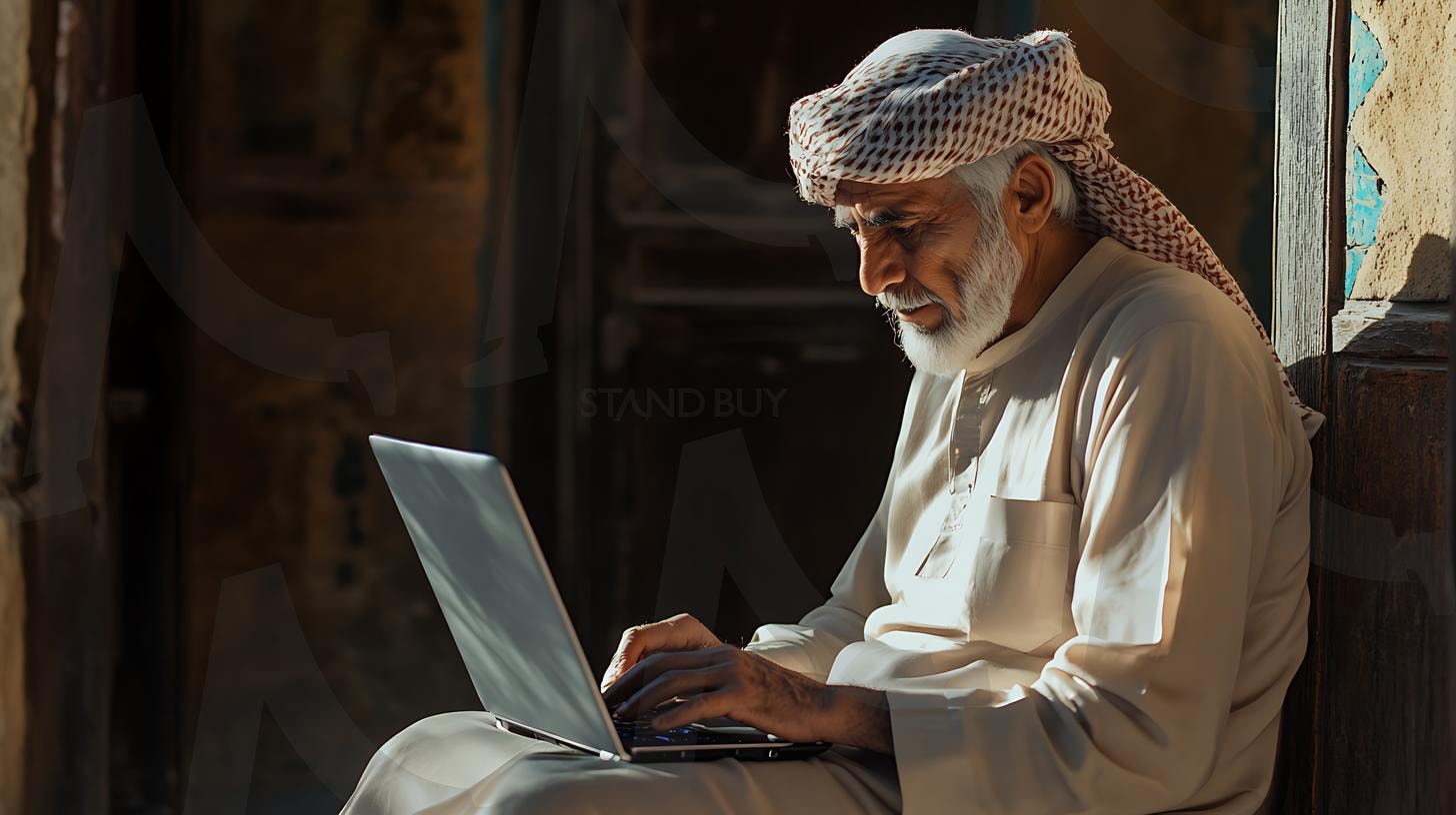 업무용 노트북을 사용하는 중동 노인, 캐주얼한 옷을 입고 편안한 분위기, 솔직한 순간, 자연 채광, 따뜻한 환경, 현실적인 세부 묘사, 미묘한 그림자, 사진, 일광. | 업무용 노트북을 사용하는 중동 노인, 캐주얼한 옷을 입고 편안한 분위기, 솔직한 순간, 자연 채광, 따뜻한 환경, 현실적인 세부 묘사, 미묘한 그림자, 사진, 일광., ai | 스탠바이 STANDBUY 디지털 콘텐츠
