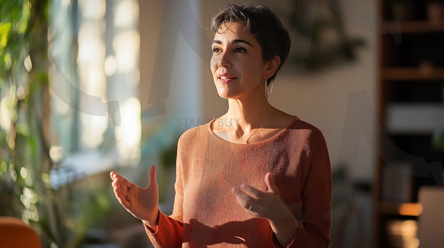 캐주얼한 옷을 입고 편안한 분위기, 솔직한 순간, 자연광, 따뜻한 분위기, 사실적인 디테일, 미묘한 그림자, 사진, 일광을 입고 프레젠테이션을 하는 중년 라틴계 여성. | 캐주얼한 옷을 입고 편안한 분위기, 솔직한 순간, 자연광, 따뜻한 분위기, 사실적인 디테일, 미묘한 그림자, 사진, 일광을 입고 프레젠테이션을 하는 중년 라틴계 여성., ai | 스탠바이 STANDBUY 디지털 콘텐츠