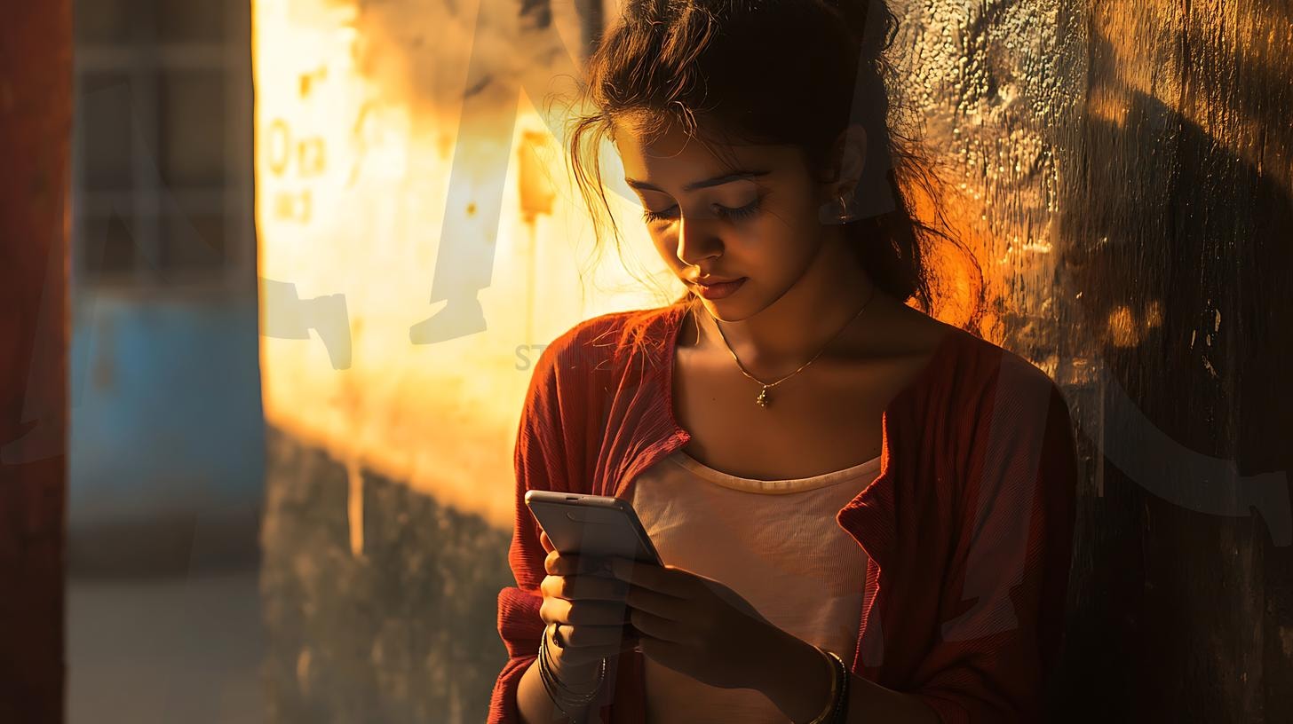 캐주얼한 옷을 입고 편안한 분위기, 솔직한 순간, 자연 채광, 따뜻한 분위기, 사실적인 디테일, 미묘한 그림자, 사진, 일광을 입고 스마트폰을 확인하는 인도 소녀. | 캐주얼한 옷을 입고 편안한 분위기, 솔직한 순간, 자연 채광, 따뜻한 분위기, 사실적인 디테일, 미묘한 그림자, 사진, 일광을 입고 스마트폰을 확인하는 인도 소녀., ai | 스탠바이 STANDBUY 디지털 콘텐츠