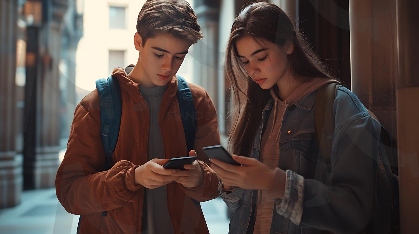 스마트폰을 확인하는 두 명의 십대, 캐주얼하고 전문적인 복장, 자연스러운 대화, 사실적인 디테일, 조명이 밝은 환경, 매력적인 표정, 역동적인 구도, 사진, 일광. | 스마트폰을 확인하는 두 명의 십대, 캐주얼하고 전문적인 복장, 자연스러운 대화, 사실적인 디테일, 조명이 밝은 환경, 매력적인 표정, 역동적인 구도, 사진, 일광., ai | 스탠바이 STANDBUY 디지털 콘텐츠