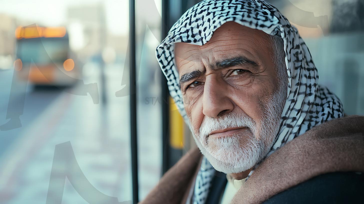 캐주얼한 옷, 편안한 분위기, 솔직한 순간, 자연 채광, 따뜻한 환경, 사실적인 디테일, 미묘한 그림자, 사진, 일광을 입고 버스 정류장에서 기다리고 있는 중동 노인. | 캐주얼한 옷, 편안한 분위기, 솔직한 순간, 자연 채광, 따뜻한 환경, 사실적인 디테일, 미묘한 그림자, 사진, 일광을 입고 버스 정류장에서 기다리고 있는 중동 노인., ai | 스탠바이 STANDBUY 디지털 콘텐츠