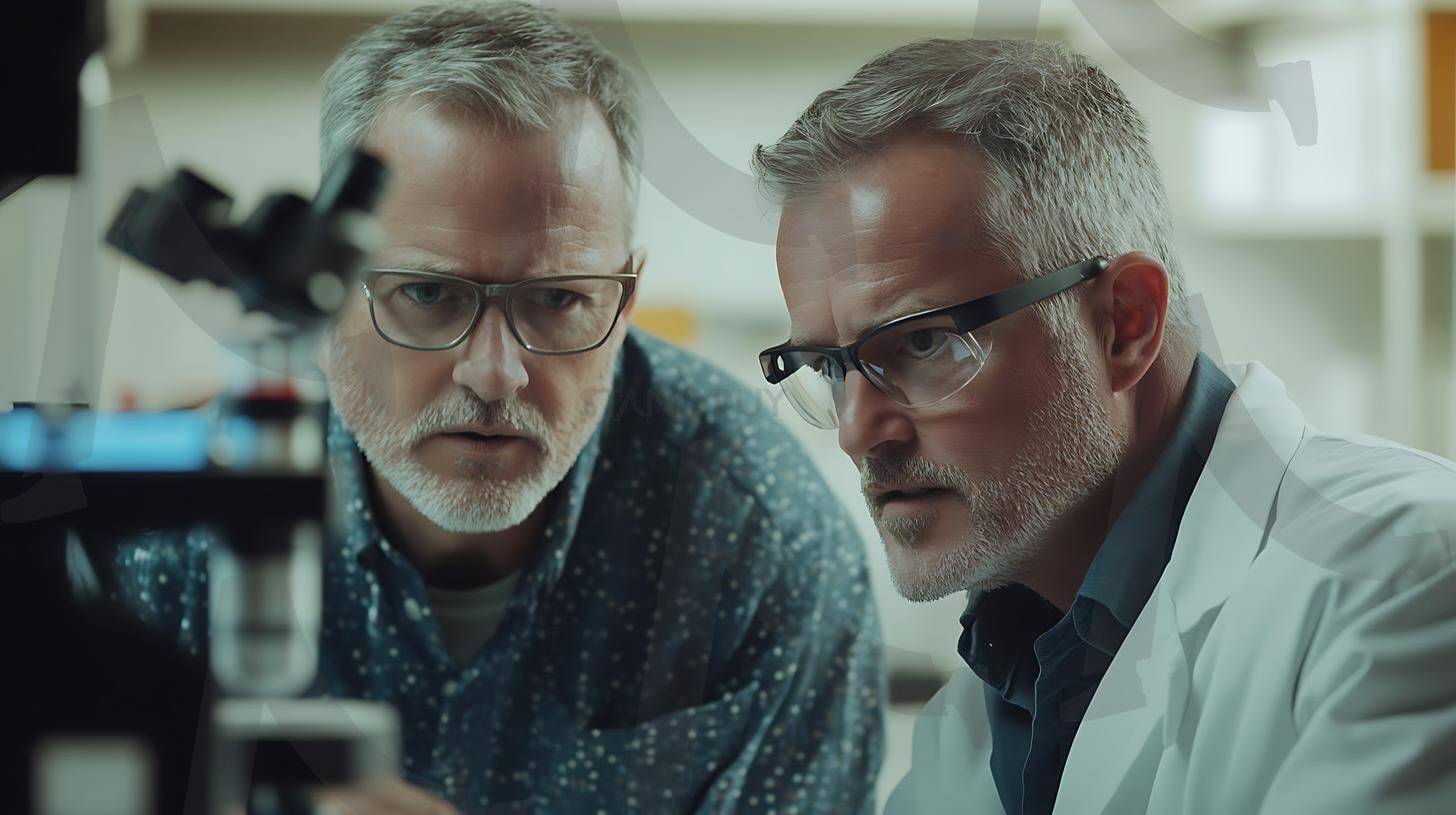 실험실에서 일하는 두 명의 중년 남성, 캐주얼하고 전문적인 복장, 자연스러운 대화, 사실적인 디테일, 조명이 밝은 환경, 매력적인 표정, 역동적인 구도, 사진, 일광. | 실험실에서 일하는 두 명의 중년 남성, 캐주얼하고 전문적인 복장, 자연스러운 대화, 사실적인 디테일, 조명이 밝은 환경, 매력적인 표정, 역동적인 구도, 사진, 일광., ai | 스탠바이 STANDBUY 디지털 콘텐츠