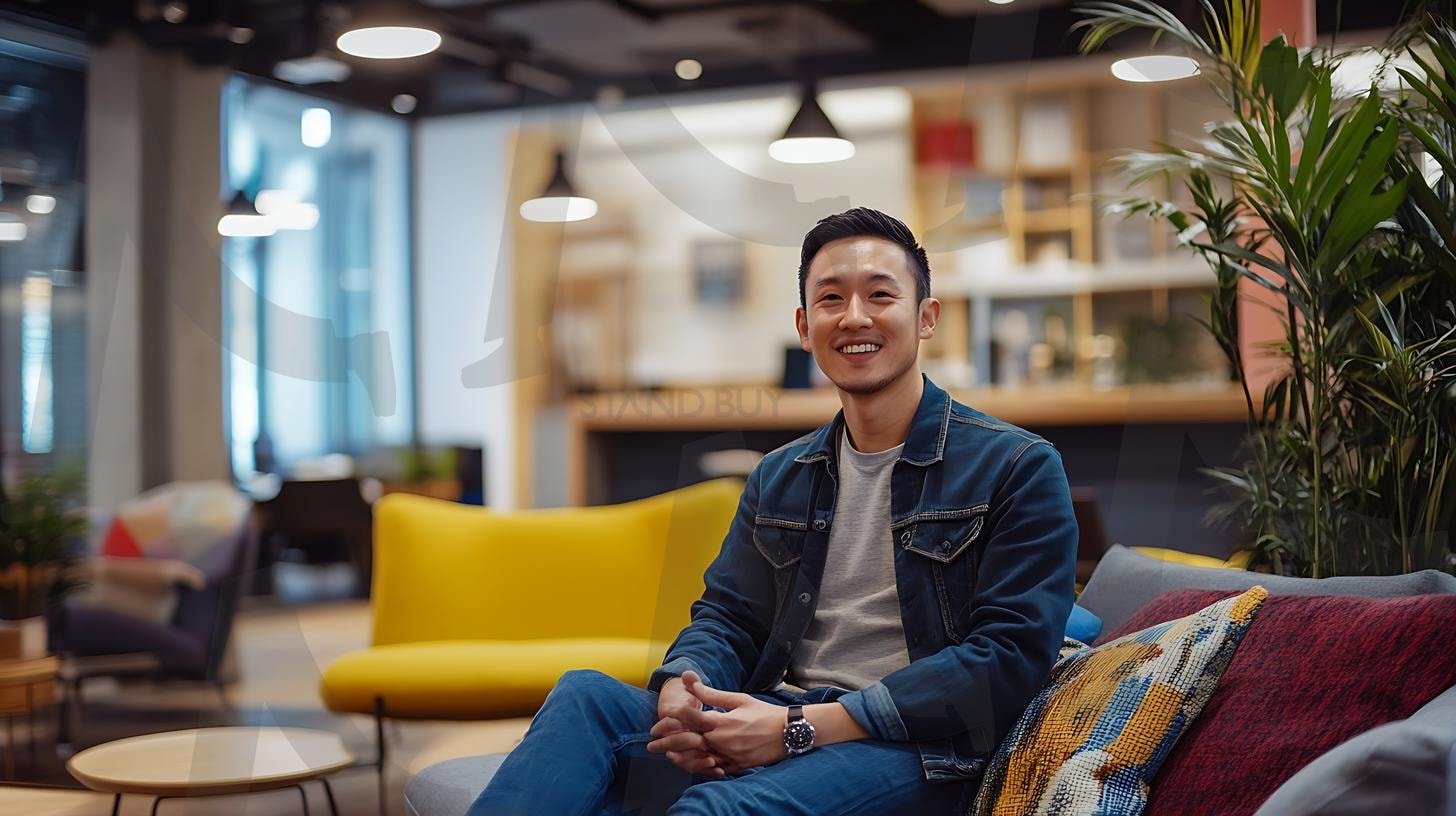 30대 아시아 남성이 공동 작업 공간에서 캐주얼한 옷을 입고 편안한 분위기, 솔직한 순간, 자연광, 따뜻한 분위기, 사실적인 디테일, 미묘한 그림자, 사진, 일광, 대화 | 30대 아시아 남성이 공동 작업 공간에서 캐주얼한 옷을 입고 편안한 분위기, 솔직한 순간, 자연광, 따뜻한 분위기, 사실적인 디테일, 미묘한 그림자, 사진, 일광, 대화, ai | 스탠바이 STANDBUY 디지털 콘텐츠