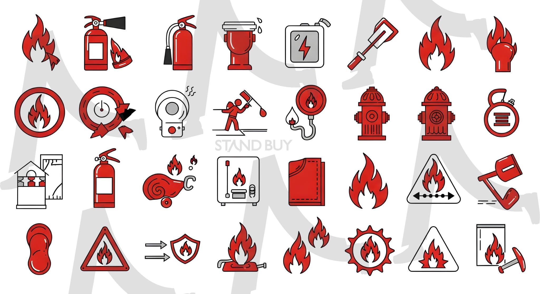 화재예방 | 화재, 화재예방, 아이콘, 소화기, 소화전, 불, 산불, 비상벨, 비상약, 구급차, 119, 담배, 표지반, 금지표지판, ai | 스탠바이 STANDBUY 디지털 콘텐츠