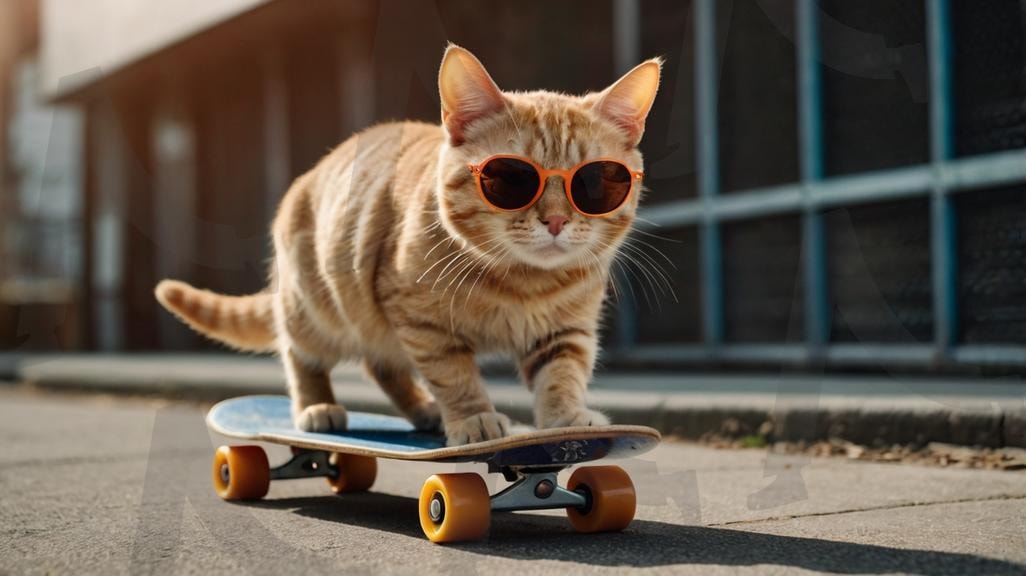 고양이의 스케이트보드 | 고양이, 스케이트보드, 선글라스, 귀여움, 사랑스러움, 재미난, ai | 스탠바이 STANDBUY 디지털 콘텐츠