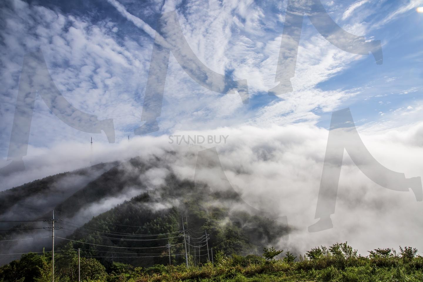 태기산을 감싼 운해와 푸른 하늘 | 태기산, 강원도 여행, 운해, 안개 낀 산, 자연경관, 하늘과 구름, 한국의 명산, 가을 산행, 몽환적인 풍경, 산 정상 | 스탠바이 STANDBUY 디지털 콘텐츠