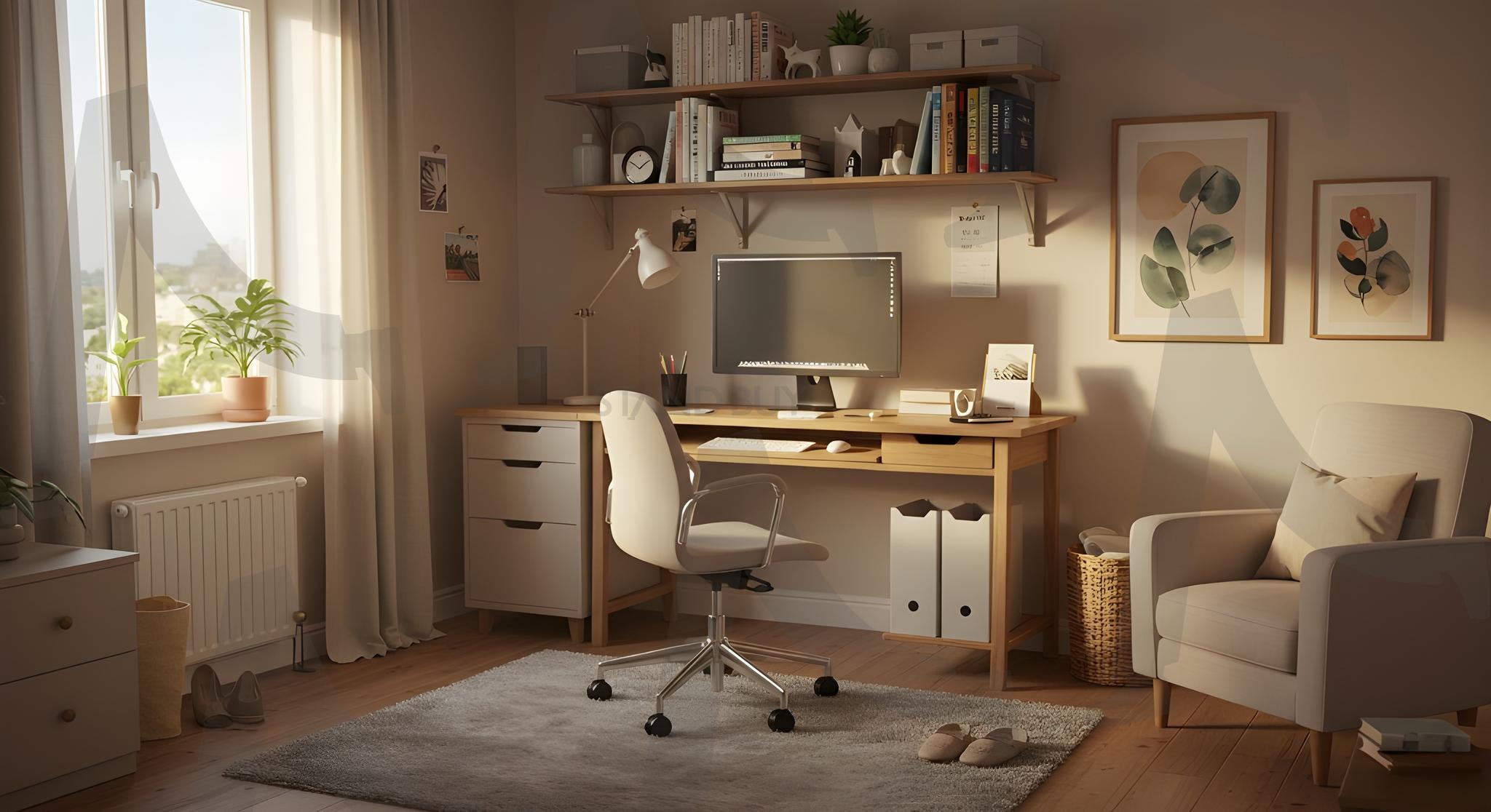 재택근무 | 홈 오피스, 편안한 작업 공간, 노트북, 집중, 생산성, 개인화된 인테리어, 원격 근무, 커피 한 잔, 자연광, 업무와 휴식, 효율적인 시간 관리, 가족과의 시간, 창의적인 환경, 온라인 회의, 업무와 삶의 균형, 재택근무, 공간, 자취방, 따스한 이미지, 감성사진, ai | 스탠바이 STANDBUY 디지털 콘텐츠