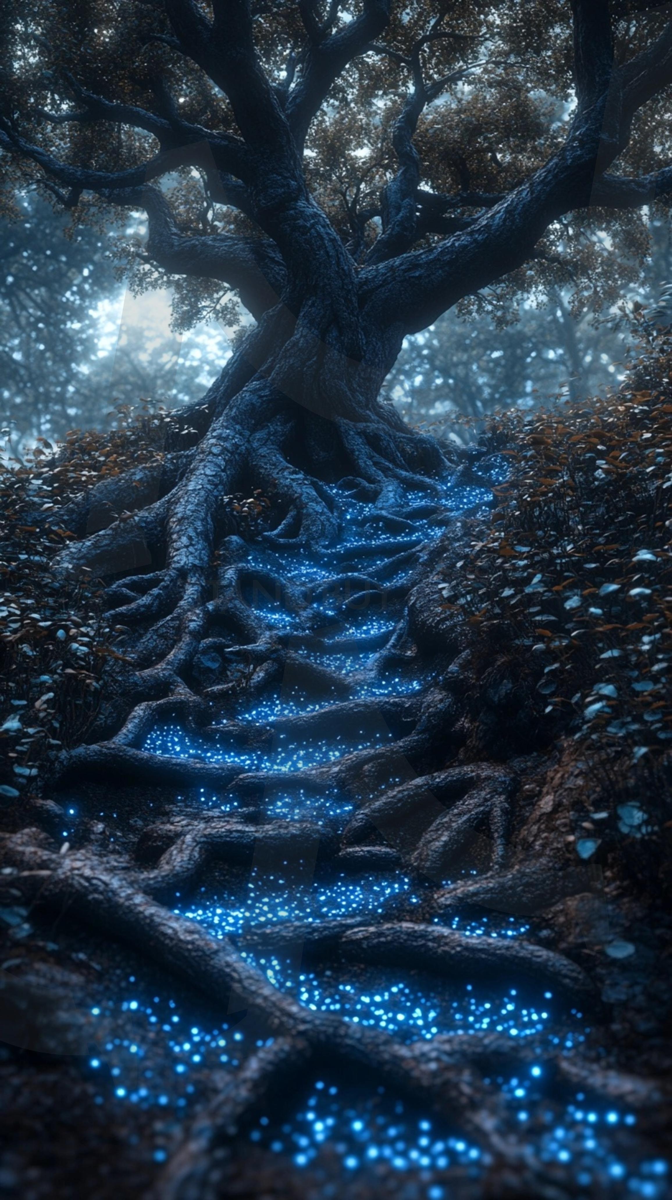 푸른 빛이 나는 숲속의 모습과 메마른 나무 | 배경, 풍경, 환경, 자연, 반딧불, 나무, 숲, ai | 스탠바이 STANDBUY 디지털 콘텐츠