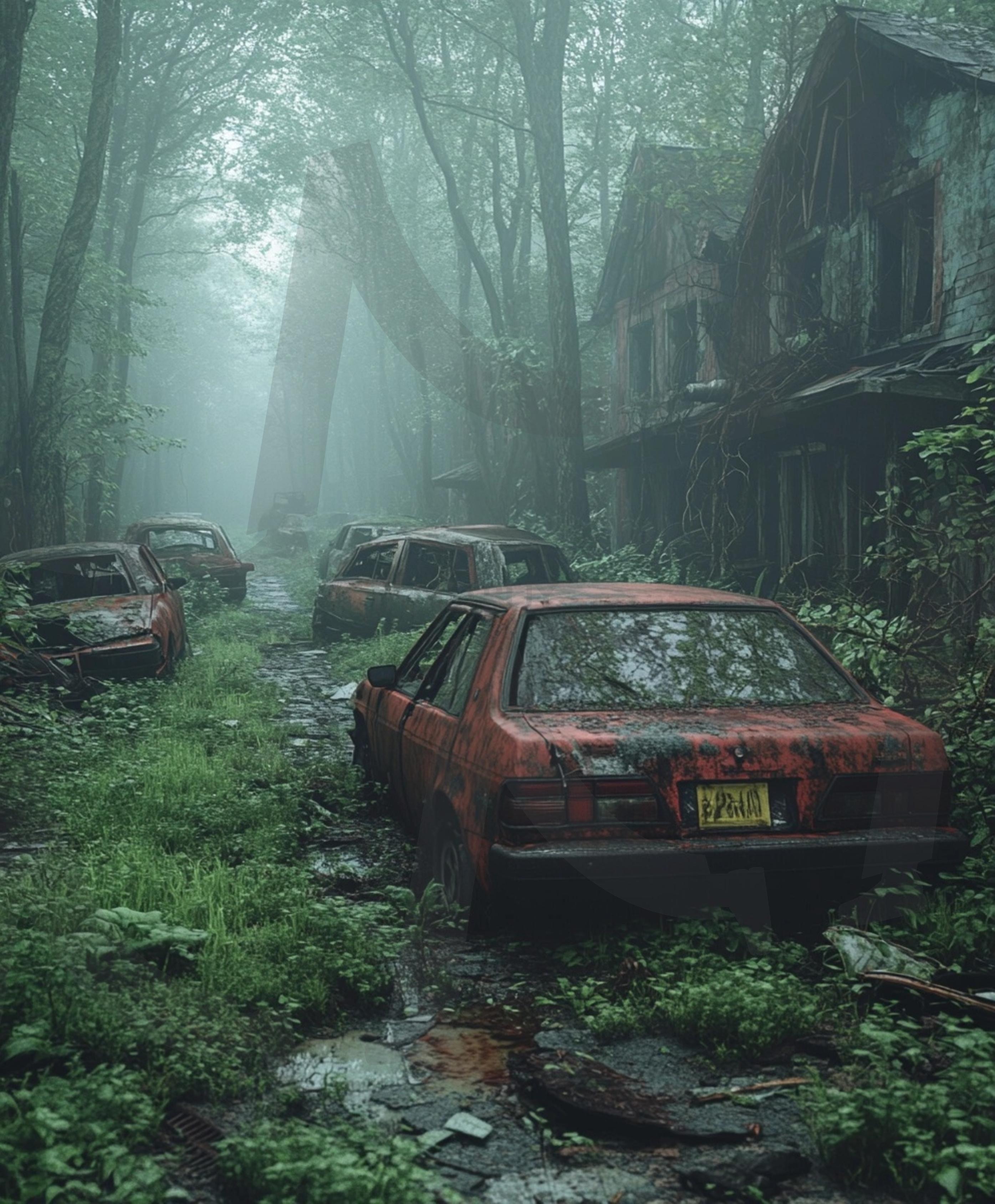 숲속 폐허의 모습과 자동차 | 자연, 풍경, 배경, 환경, 숲, 음산한, 공포, 자동차, 집, 나무, ai | 스탠바이 STANDBUY 디지털 콘텐츠