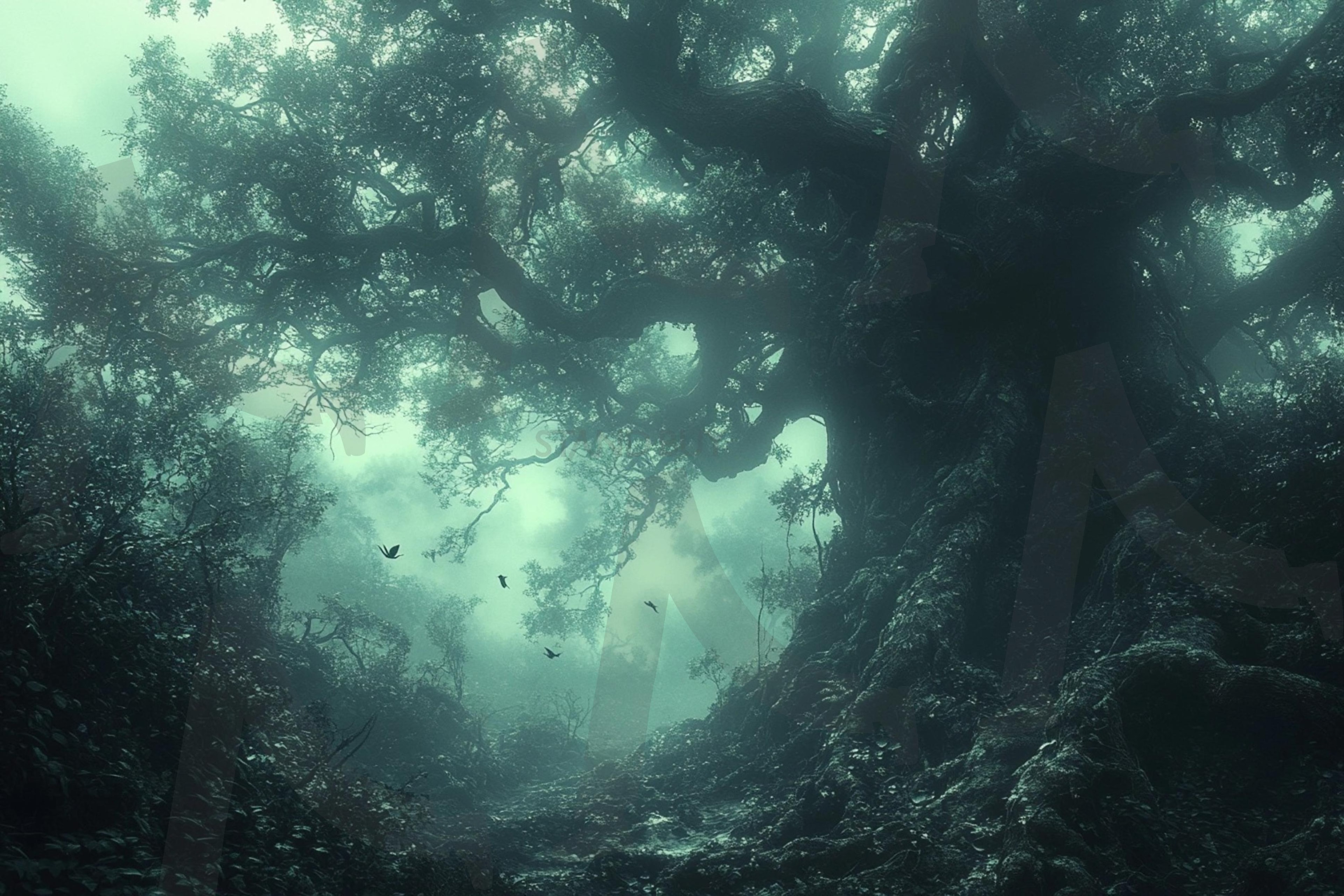 어두운 분위기의 숲속 나무의 모습 | 자연, 풍경, 배경, 환경, 나무, 숲, 메마른, 공포, ai | 스탠바이 STANDBUY 디지털 콘텐츠