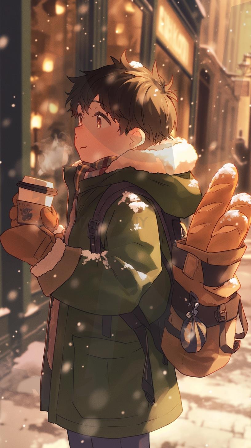 눈과 커피와 귀여운 소년 | 인공지능, ai, boys, 귀여운, 눈, 겨울, 파카, 빵, 소년 | 스탠바이 STANDBUY 디지털 콘텐츠