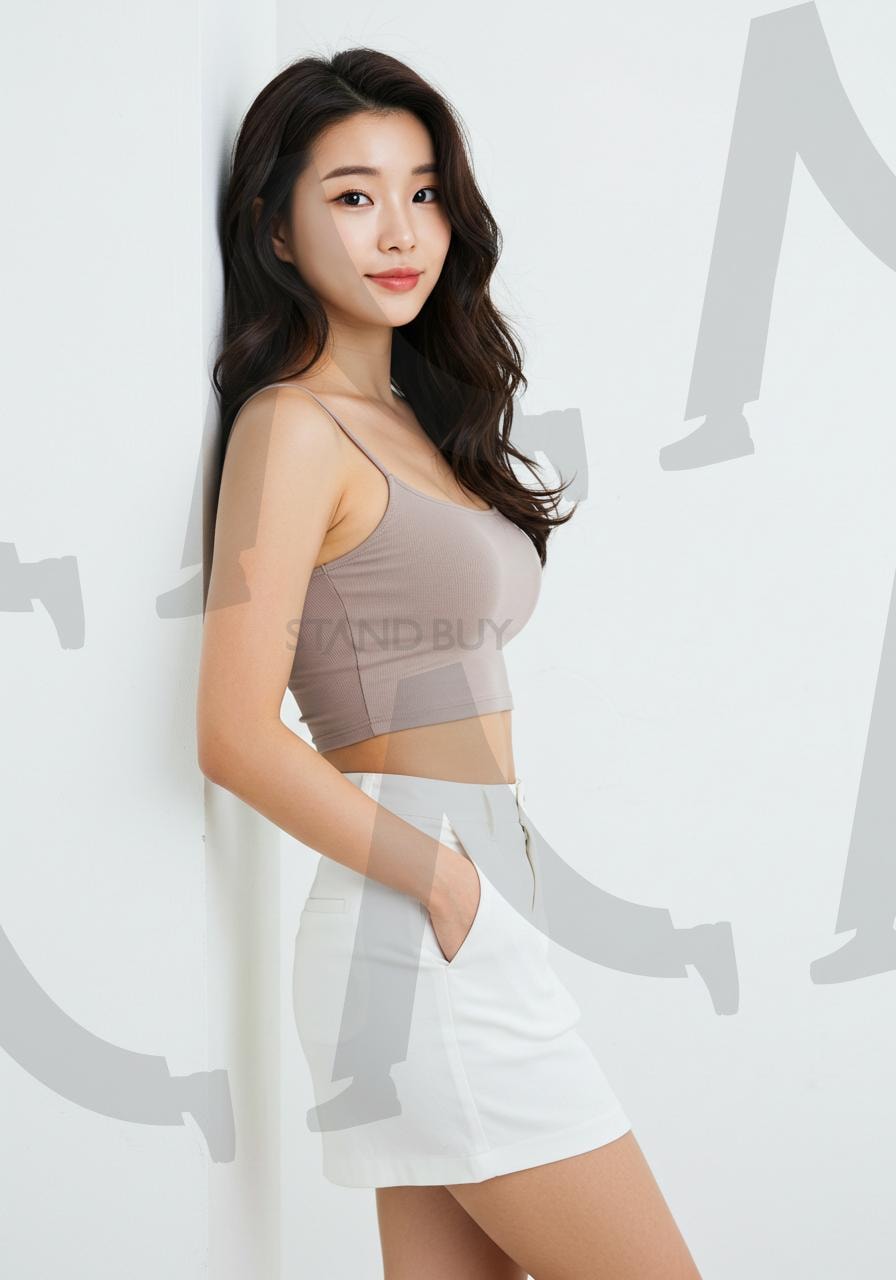 모던하고 세련된 스타일의 한국 여성 초상화 – 크롭탑 & 미니스커트 룩 | 한국 여성, 세련된 분위기, 자연스러운 미소, 도회적인 스타일, 단정한 긴 웨이브 헤어, 따뜻한 눈빛, 고급스러운 인상, 부드러운 메이크업, 맑고 깨끗한 피부, 기대는 포즈, 한 손을 포켓에 넣은 자세, 편안한 스탠스, 자연스럽게 기댄 모습, 시선을 향한 직관적인 표현, 우아한 바디라인, 크롭탑 스타일, 슬림핏 끈나시, 하이웨이스트 미니스커트, 모던한 데일리룩, 여성스러운 스타일, 트렌디한 패션, 미니멀한 캐주얼룩, 심플하고 감각적인 패션, ai, 깨끗한 화이트 배경, 심플한 촬영 배경, 미니멀한 분위기, 깔끔한 화보 스타일, 부드러운 자연광, 은은한 하이라이트, 피부톤 강조, 고급스러운 색감, 자연스러운 그림자 효과, 프로필 사진, 패션 화보, 광고 모델 이미지, 온라인 쇼핑몰 상세페이지, SNS 콘텐츠, 브랜드 룩북, 웹사이트 배너, 썸네일 디자인 | 스탠바이 STANDBUY 디지털 콘텐츠