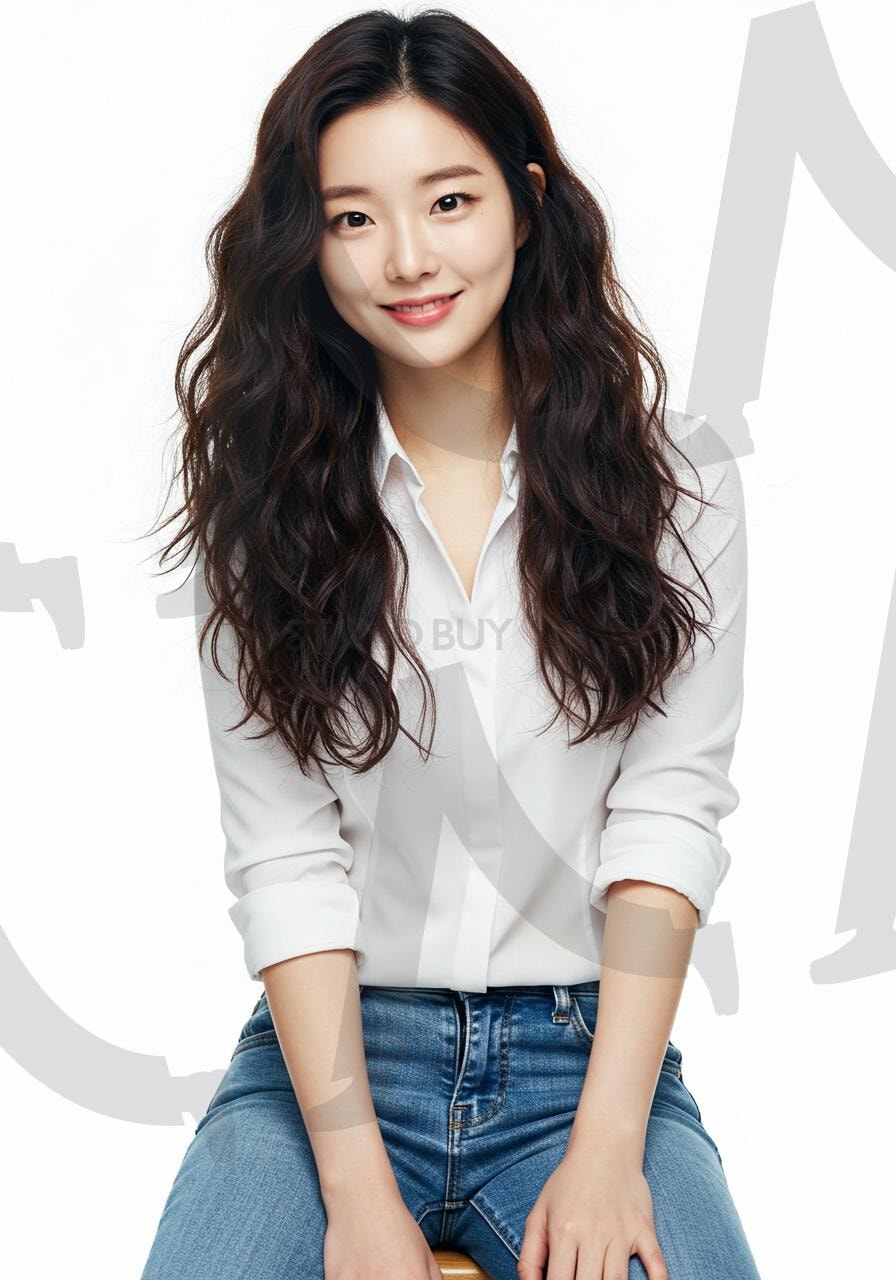 화이트 셔츠와 청바지를 입은 아름다운 한국 여성의 우아한 초상화 | 자연스러운 미소, 한국 여성, 우아한 분위기, 따뜻한 표정, 세련된 스타일, 청순한 이미지, 고급스러운 느낌, 부드러운 웨이브 헤어, 긴 갈색 머리, 감성적인 여성, 매끄러운 피부, 자연스러운 메이크업, 따뜻한 인상, 의자에 앉은 여성, 부드러운 자세, 클래식한 포즈, 편안한 손동작, 살짝 기울어진 몸짓, 신뢰감을 주는 시선, 자연스러운 시선처리, 직선적인 자세, 손을 무릎 위에 올린 포즈, 화이트 셔츠, 슬림핏 블루진, 클래식한 코디, 우아한 셔츠 스타일, 내추럴한 패션, 단추가 풀린 셔츠, 소매를 걷어 올린 스타일, 심플한 데일리룩, 베이직한 패션, 세련된 캐주얼룩, 순백의 배경, 꺠끗한 화이트 배경, 심플한 촬영 배경, 밝고 화사한 무드, 미니멀한 분위기, ai, 부드러운 자연광, 따뜻한 조명, 은은한 하이라이트, 피부톤 강조, 자연스러운 명암 대비, 따뜻한 색감, 프로필 사진, 광고용 모델 이미지, 패션 화보, 브랜드 홍보, 온라인 쇼필몰 모델, 잡지 표지, SNS 컨텐츠, 웹사이트 배너, 썸네일 디자인, 촬영 스튜디오 샘플 | 스탠바이 STANDBUY 디지털 콘텐츠