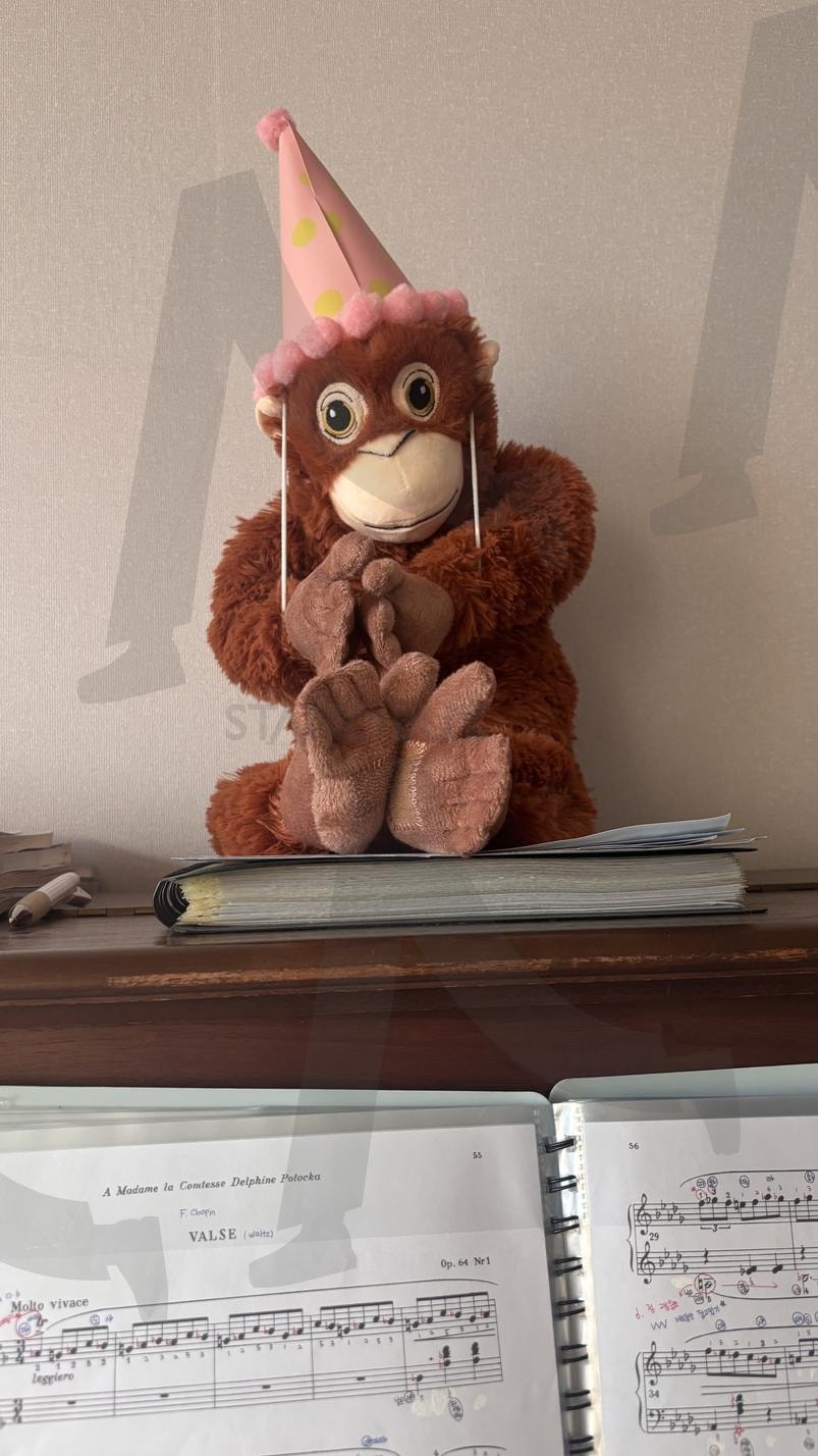 파티 모자 쓴 원숭이 인형과 쇼팽 왈츠 - 귀여운 클래식 무드 | 귀여움, 인형, 파티, 원숭이, 클래식, 악보, 유머, 피아노, 홈데코, 아날로그 | 스탠바이 STANDBUY 디지털 콘텐츠