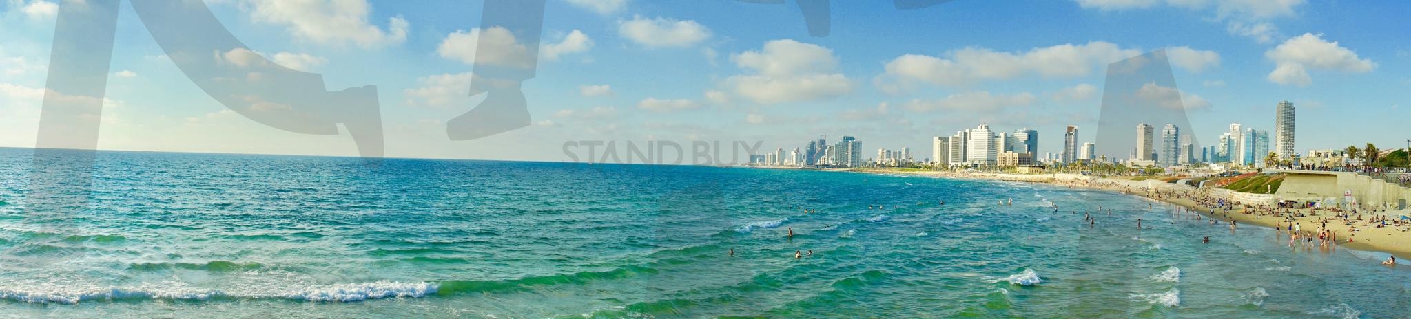 이스라엘 텔아비브(Tel Aviv) 해변 풍경 | 지중해, 쿵쿵따, 모래사장, 고층 건물, 수평선, 이스라엘, 텔아비브, 해변, 풍경, 도시, 바다 | 스탠바이 STANDBUY 디지털 콘텐츠