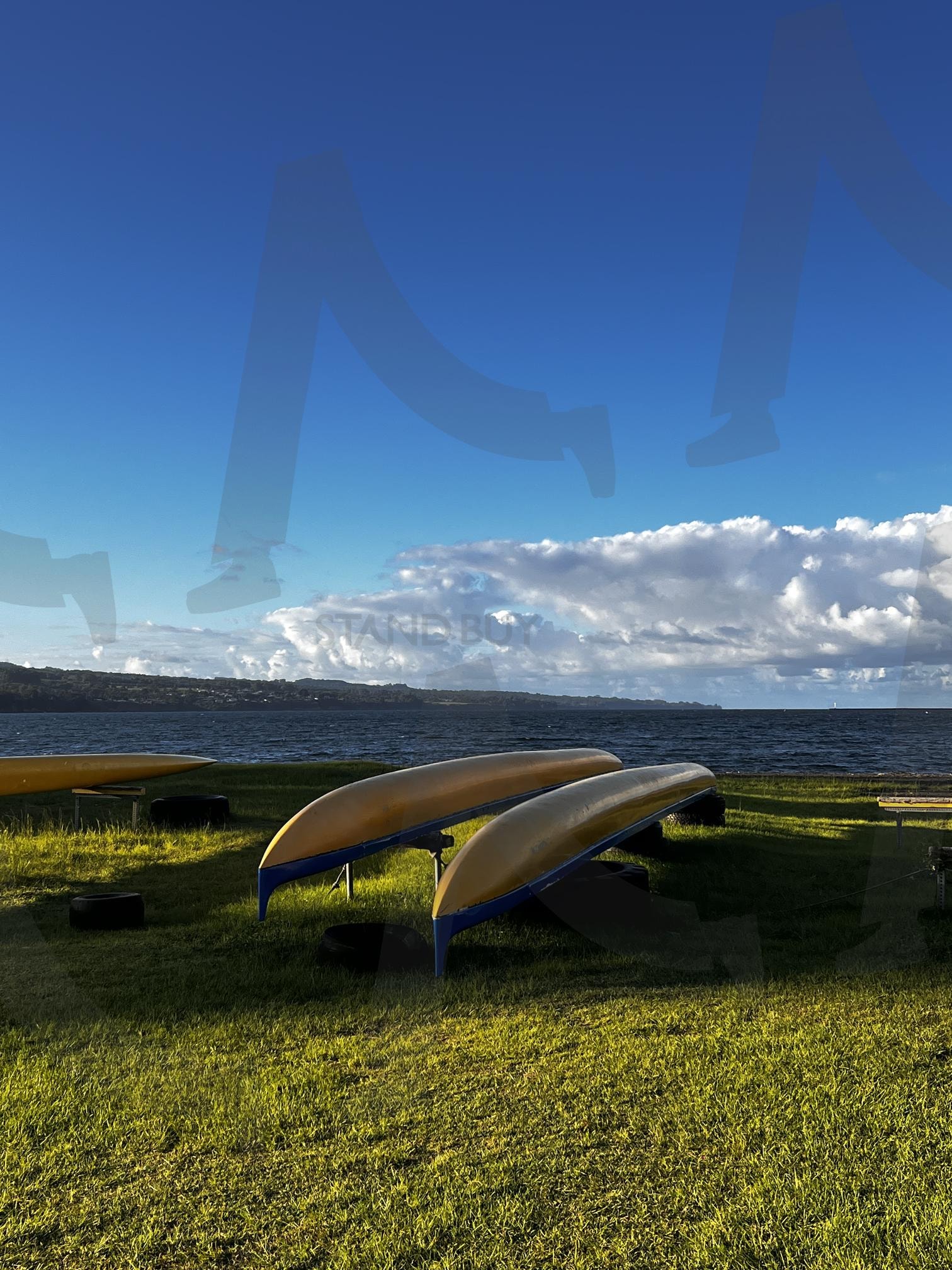 호숫가 잔디밭 위의 카누 | 카누, 호수, 잔디밭, 보트, 물, 하늘, 자연, 스포츠, 레저, 장비 | 스탠바이 STANDBUY 디지털 콘텐츠