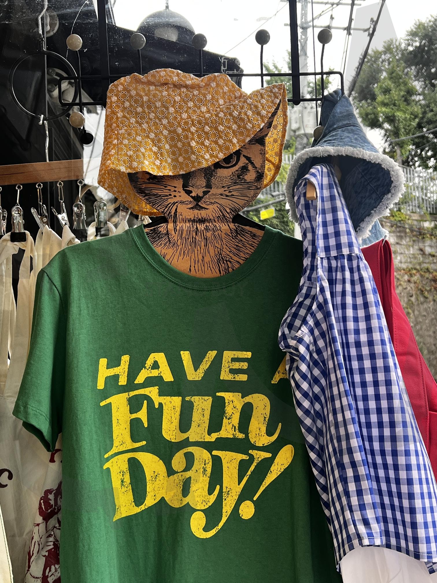 "HAVE A Fun Day!" 티셔츠와 모자들이 걸린 옷걸이 | 티셔츠, 모자, 벙거지, 옷걸이, 옷, 패션, 고양이, 그림, 초록색, 노란색, HAVE A Fun Day, 쇼핑 | 스탠바이 STANDBUY 디지털 콘텐츠