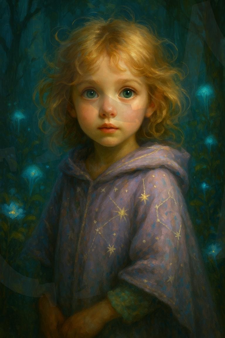 별빛이 내린 숲속의 어린 예언자 | fantasy portrait, child oracle, enchanted forest, bioluminescent flowers, starlight cloak, dreamy atmosphere, semi-realistic painting, ethereal mood, mystical aura, ai | 스탠바이 STANDBUY 디지털 콘텐츠