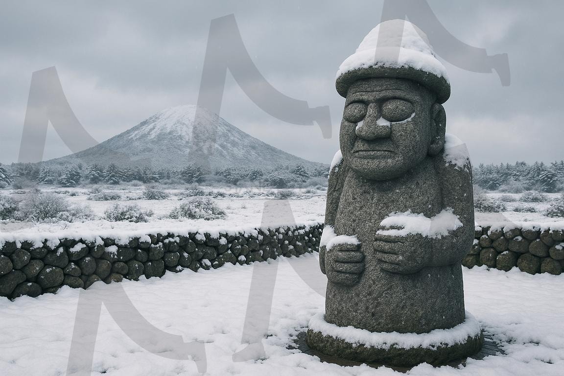 돌하르방과 눈 덮인 오름 | 돌하르방, 겨울 오름, 제주 눈 풍경, 눈 내린 제주, 설경, 겨울 배경, 감성 사진, 제주의 겨울, 오름 풍경, 실사풍 일러스트, ai | 스탠바이 STANDBUY 디지털 콘텐츠