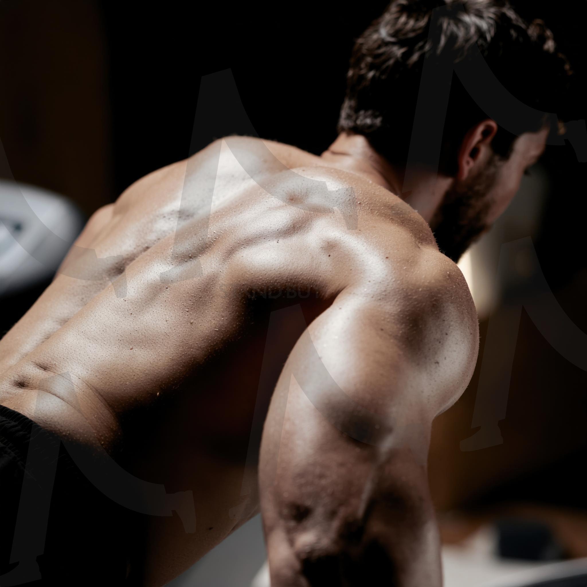 운동 중 땀에 젖은 남성의 근육질 등 상체를 조명한 피트니스 중심 인체 표현 이미지 | 운동, 등근육, 남성, 피트니스, 근력, 체형, 트레이닝, 헬스, 인체사진, ai | 스탠바이 STANDBUY 디지털 콘텐츠