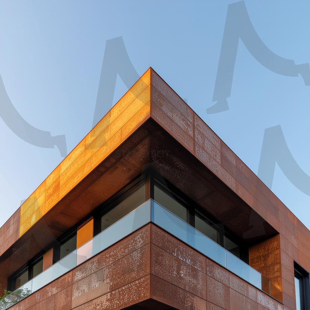 저녁 햇살이 코르텐강 외장을 물들인 현대 건축물 외관의 미니멀한 디자인과 정제된 도시적 감성 | 현대건축, 코르텐강, 건물외관, 미니멀디자인, 건축디자인, 도시풍경, 외장재, 건축재료, 건축물, 정면구조, 직선라인, 유리난간, 석조마감, 고급건축, 건축시각화, 저녁노을, 외벽디자인, 도심미학, 부동산광고, 건축포트폴리오, 상업공간, ai | 스탠바이 STANDBUY 디지털 콘텐츠