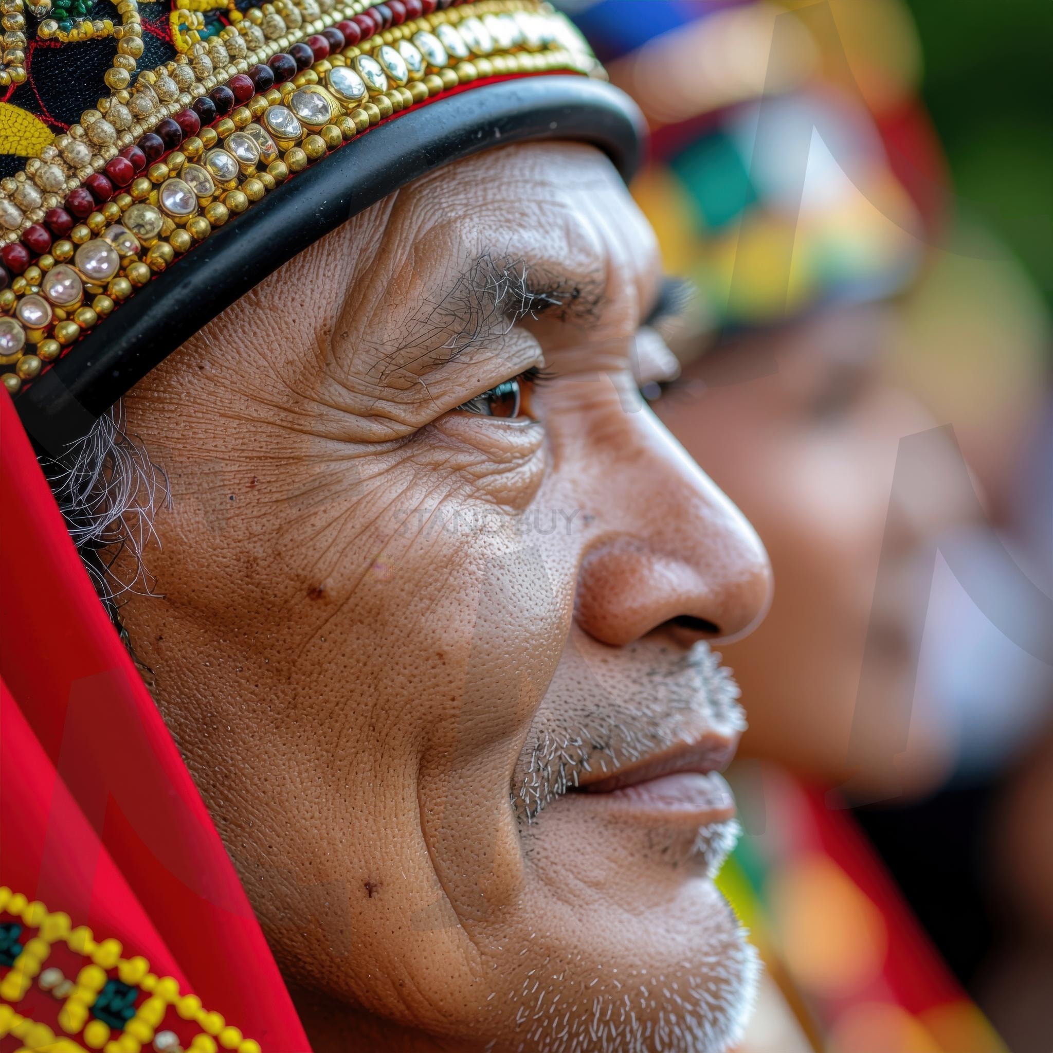 화려한 전통 의상을 착용한 노인의 얼굴을 클로즈업으로 담은 고해상도 인물 사진 | 전통복, 인물사진, 노인, 민속문화, 문화다양성, 초상화, 축제, 고해상도, ai | 스탠바이 STANDBUY 디지털 콘텐츠