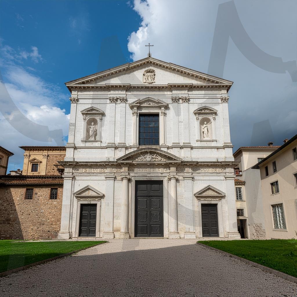 대칭적 구조와 석조 장식이 돋보이는 르네상스 양식 유럽 교회의 정면 외관 이미지 | 르네상스, 유럽교회, 고전건축, 석조건축, 문화유산, 종교건물, 대칭, 건축사, 관광지, ai | 스탠바이 STANDBUY 디지털 콘텐츠