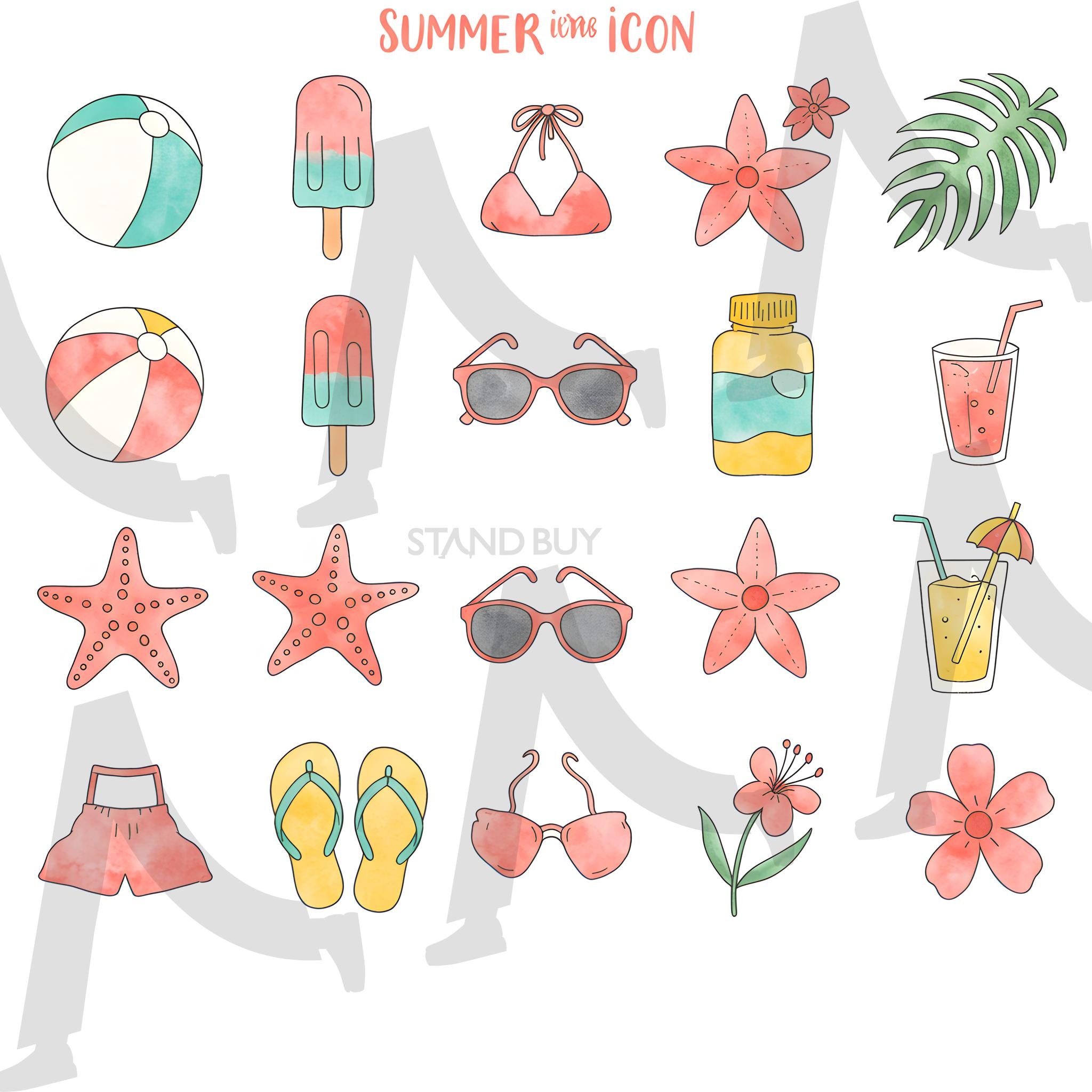 워터컬러 스타일의 여름 아이콘 | 여름, 아이콘, 수채화, 벡터, 열대, 휴가, 해변, 바다, 태양, 야자수, 플립플롭, 아이스크림, 수박, 선글라스, 칵테일, 레모네이드, 서핑보드, 불가사리, 조개껍데기, 우산, 수영복, 여행, 휴일, 맑은 날, 따뜻한, 계절, 휴식, 재미, 다채로운, 예술적, 일러스트, 손으로 그린, 파스텔, 장식적인, 세트, 평면 디자인, 창의적, 그림, 산들바람, 낙원, 상쾌한, 이국적인, 여름철, 미니멀, 그래픽, ai | 스탠바이 STANDBUY 디지털 콘텐츠