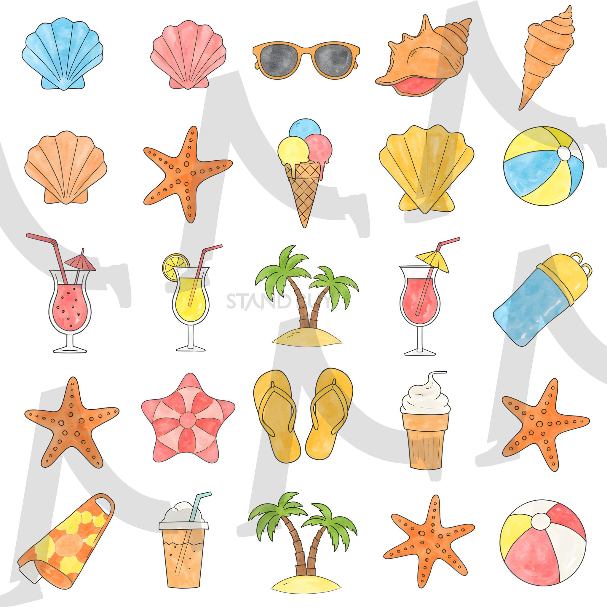 워터컬러 스타일의 여름 아이콘 | 여름, 아이콘, 수채화, 벡터, 열대, 휴가, 해변, 바다, 태양, 야자수, 플립플롭, 아이스크림, 수박, 선글라스, 칵테일, 레모네이드, 서핑보드, 불가사리, 조개껍데기, 우산, 수영복, 여행, 휴일, 맑은 날, 따뜻한, 계절, 휴식, 재미, 다채로운, 예술적, 일러스트, 손으로 그린, 파스텔, 장식적인, 세트, 평면 디자인, 창의적, 그림, 산들바람, 낙원, 상쾌한, 이국적인, 여름철, 미니멀, 그래픽, ai | 스탠바이 STANDBUY 디지털 콘텐츠